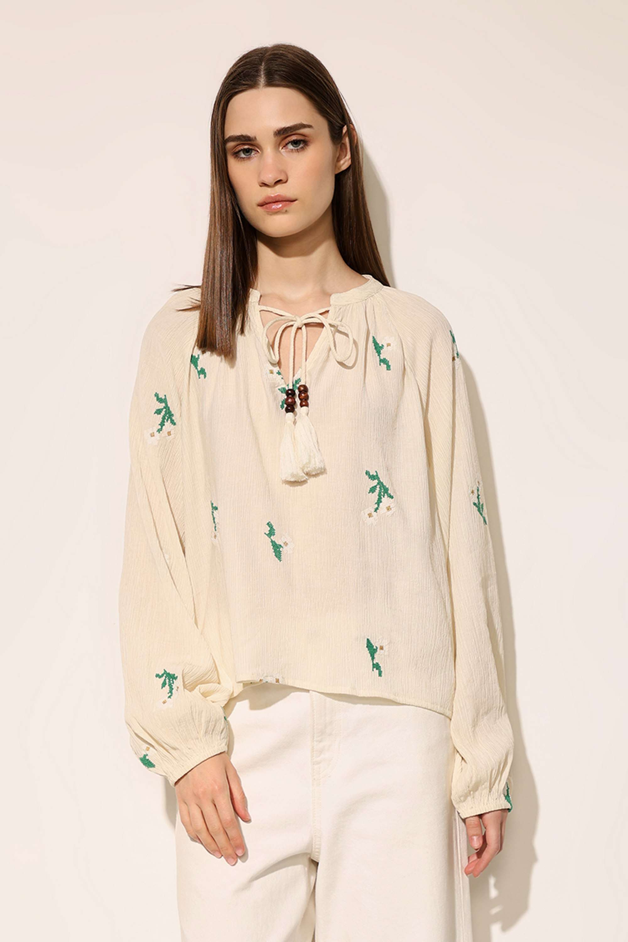 Embroidered-Viscose-Tie-Up-Neck-Women-s-Top