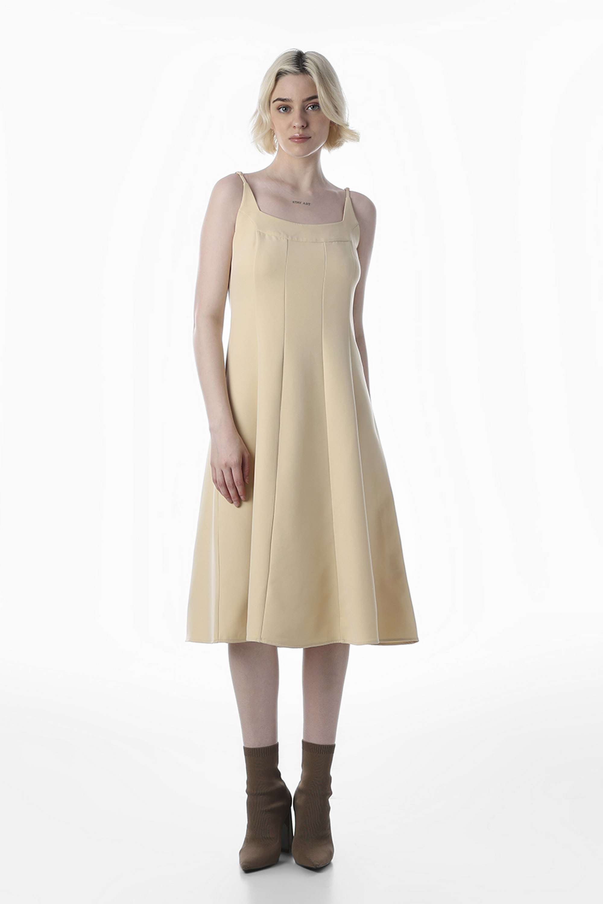 Solid-Square-Neck-Sleeveless-Polyester-Women-Dress
