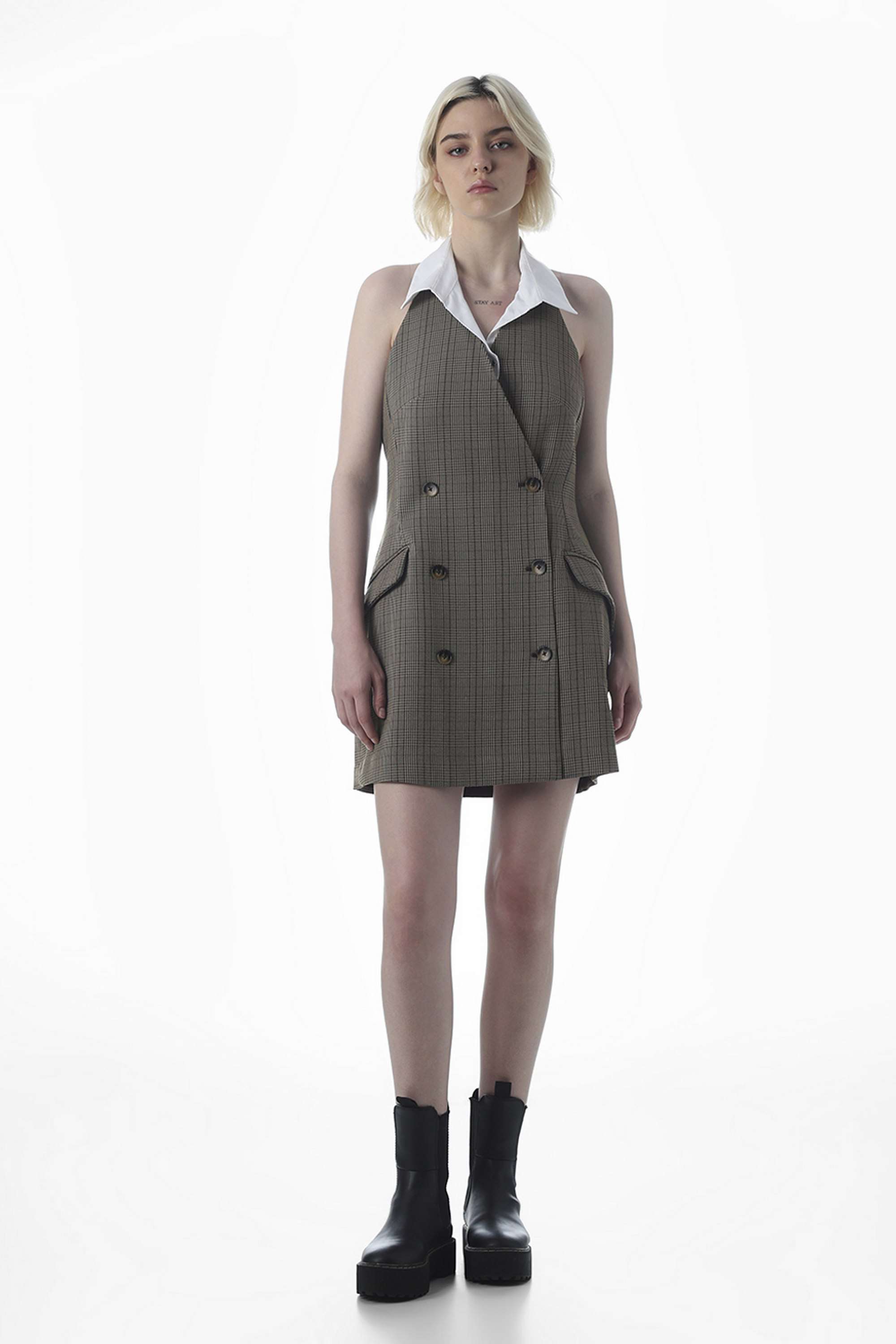 Checks-Collared-Sleeveless-Polyester-Women-Dress