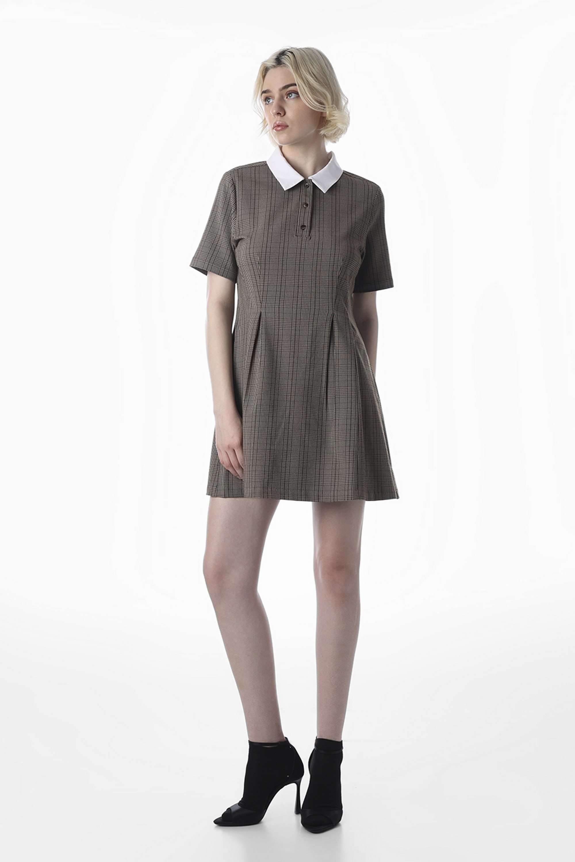 Stripes-Collared-Half-Sleeves-Polyester-Women-Dress