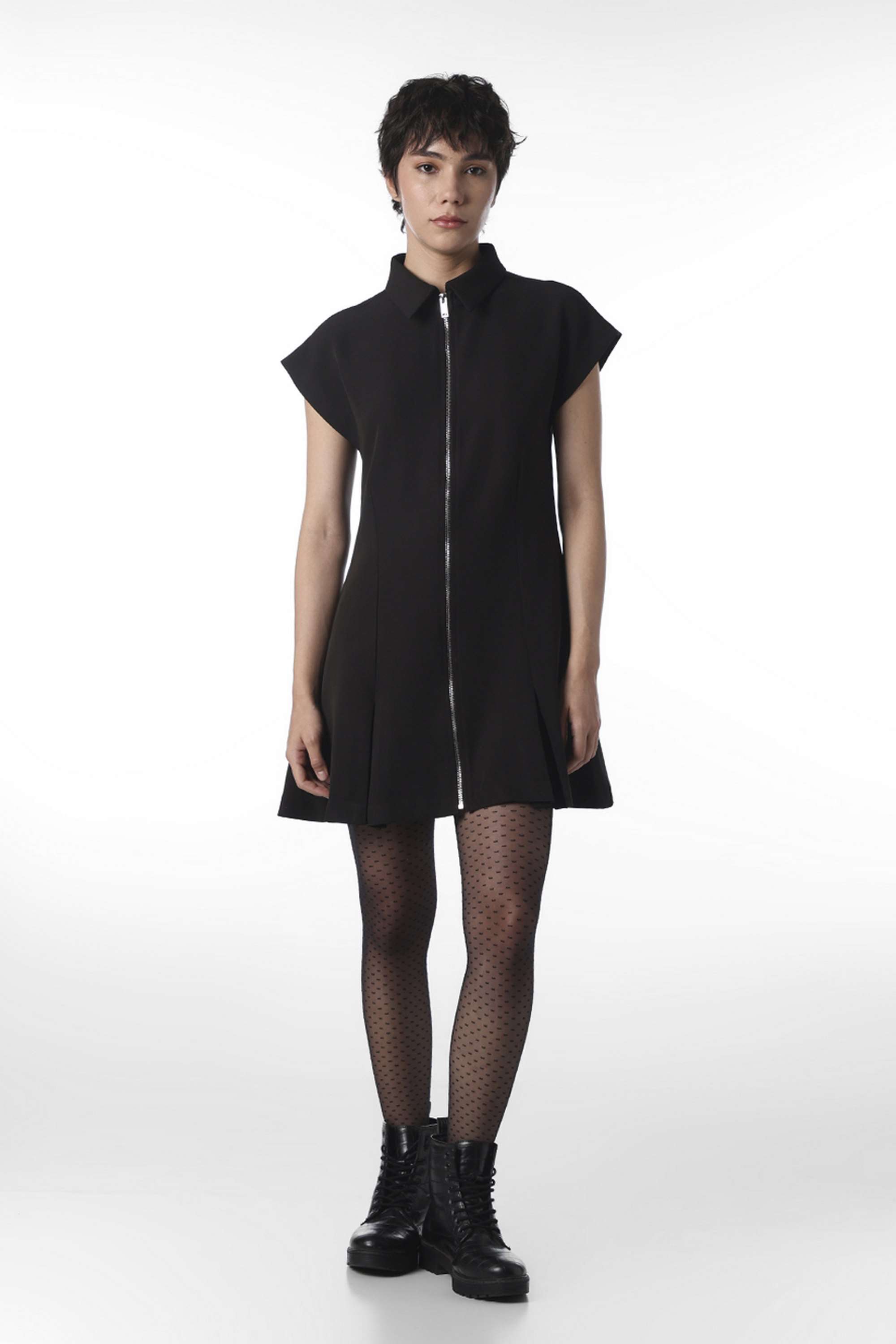 Solid-Collared-Half-Sleeves-Polyester-Women-Dress