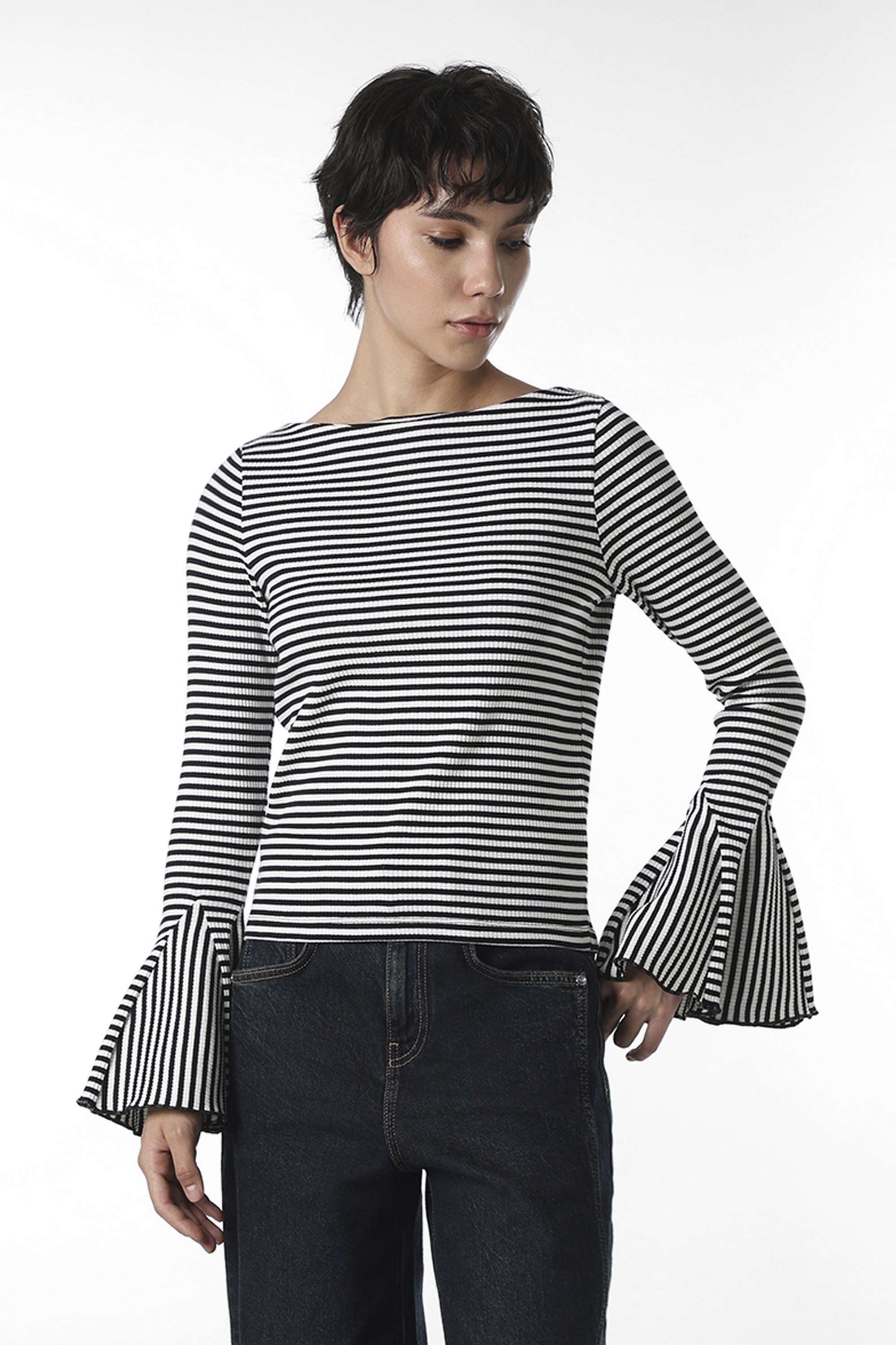Stripes-Boat-Neck-Cotton-Women-Casual-Wear-Top