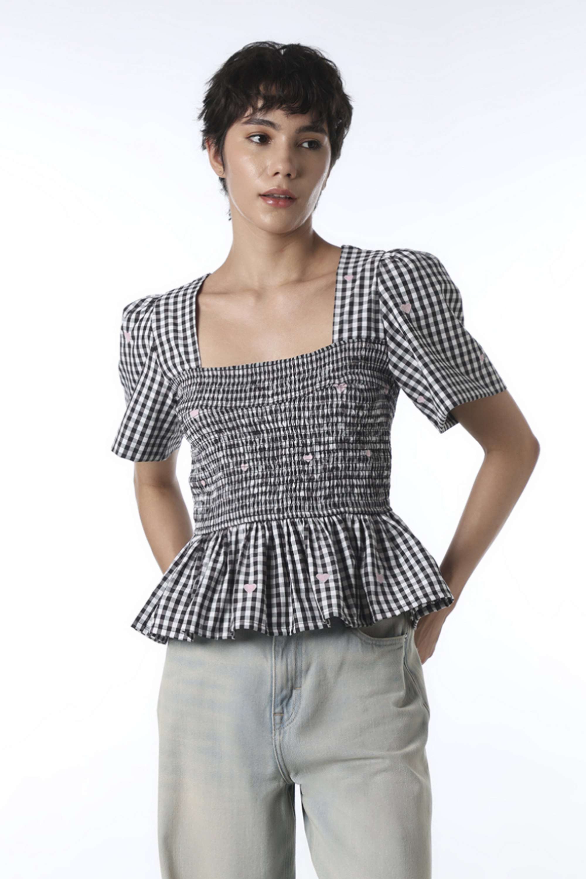 Checks-Square-Neck-Cotton-Women-Casual-Wear-Top