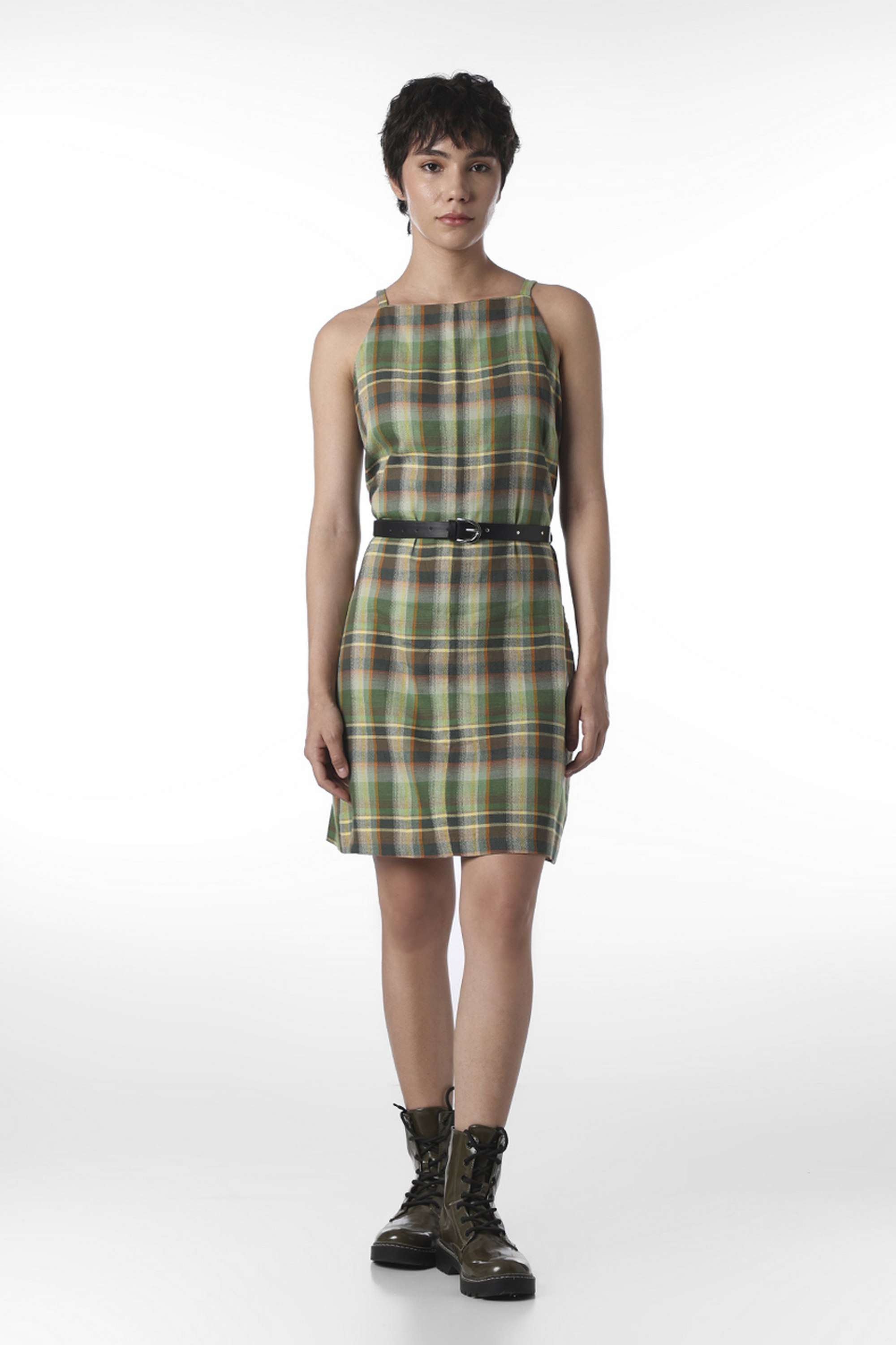 Checks-Square-Neck-Sleeveless-Cotton-Women-Dress