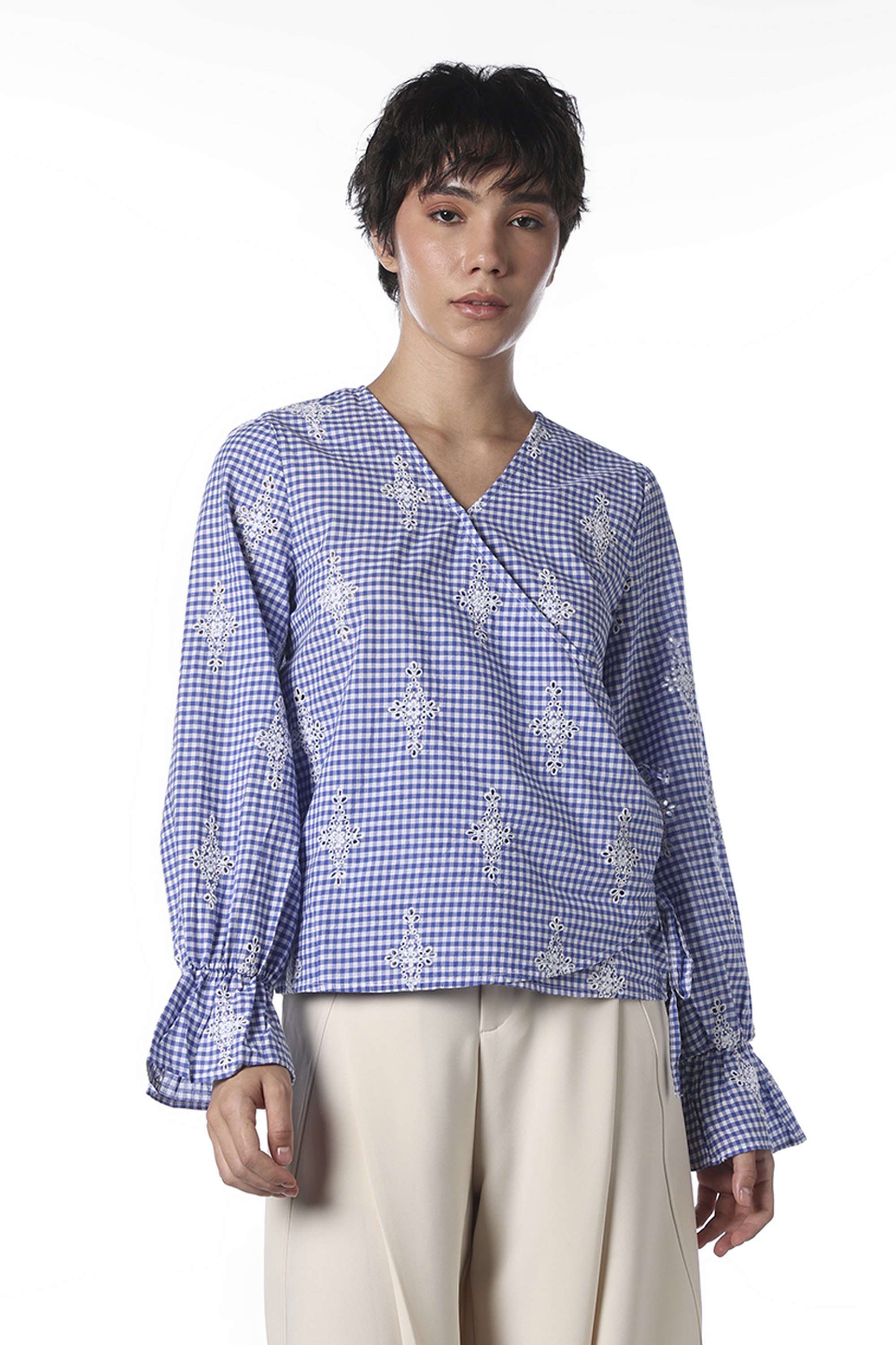 Checks-V-Neck-Cotton-Women-Casual-Wear-Top