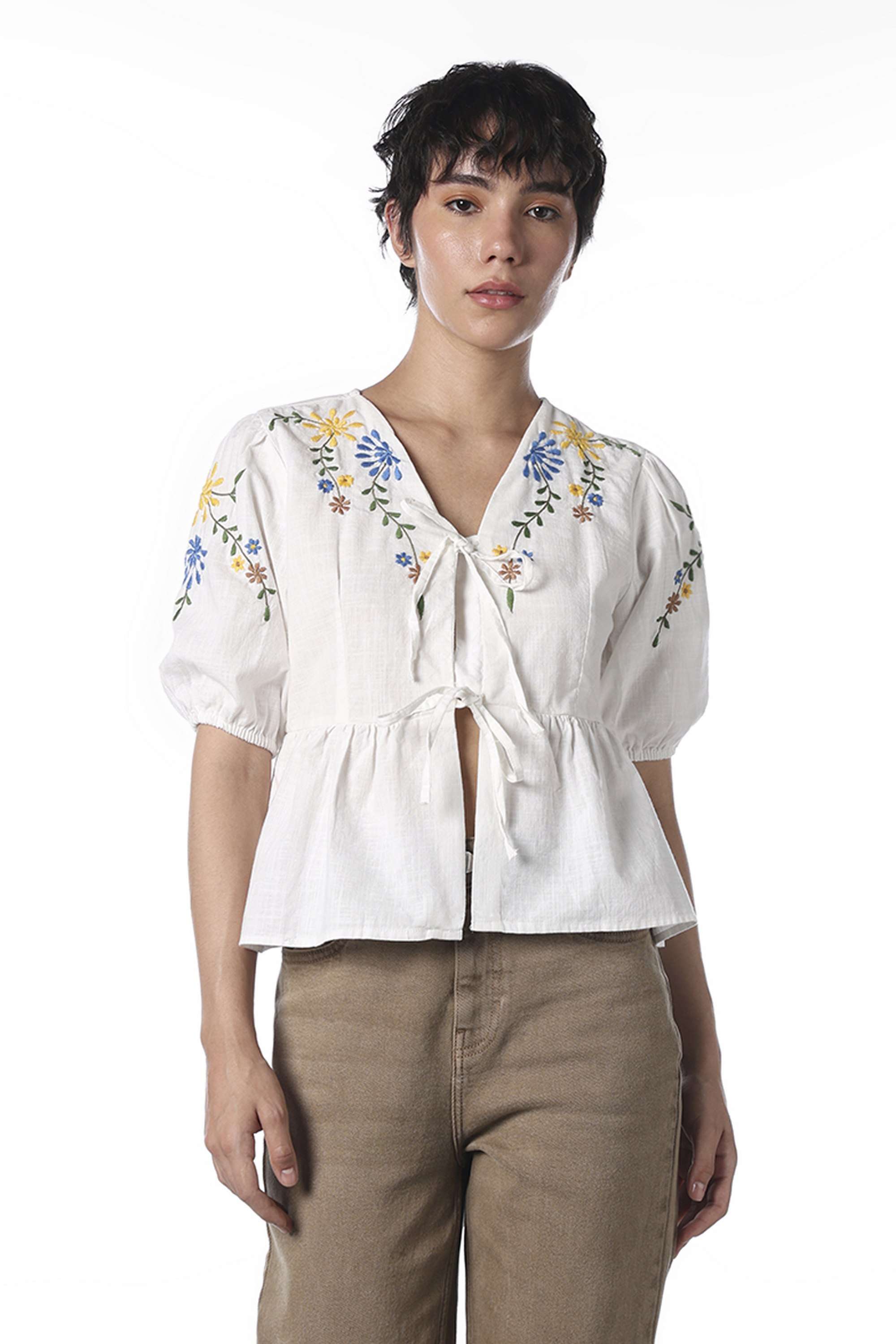 Embroidered-Tie-Up-Neck-Cotton-Women-Casual-Wear-Top