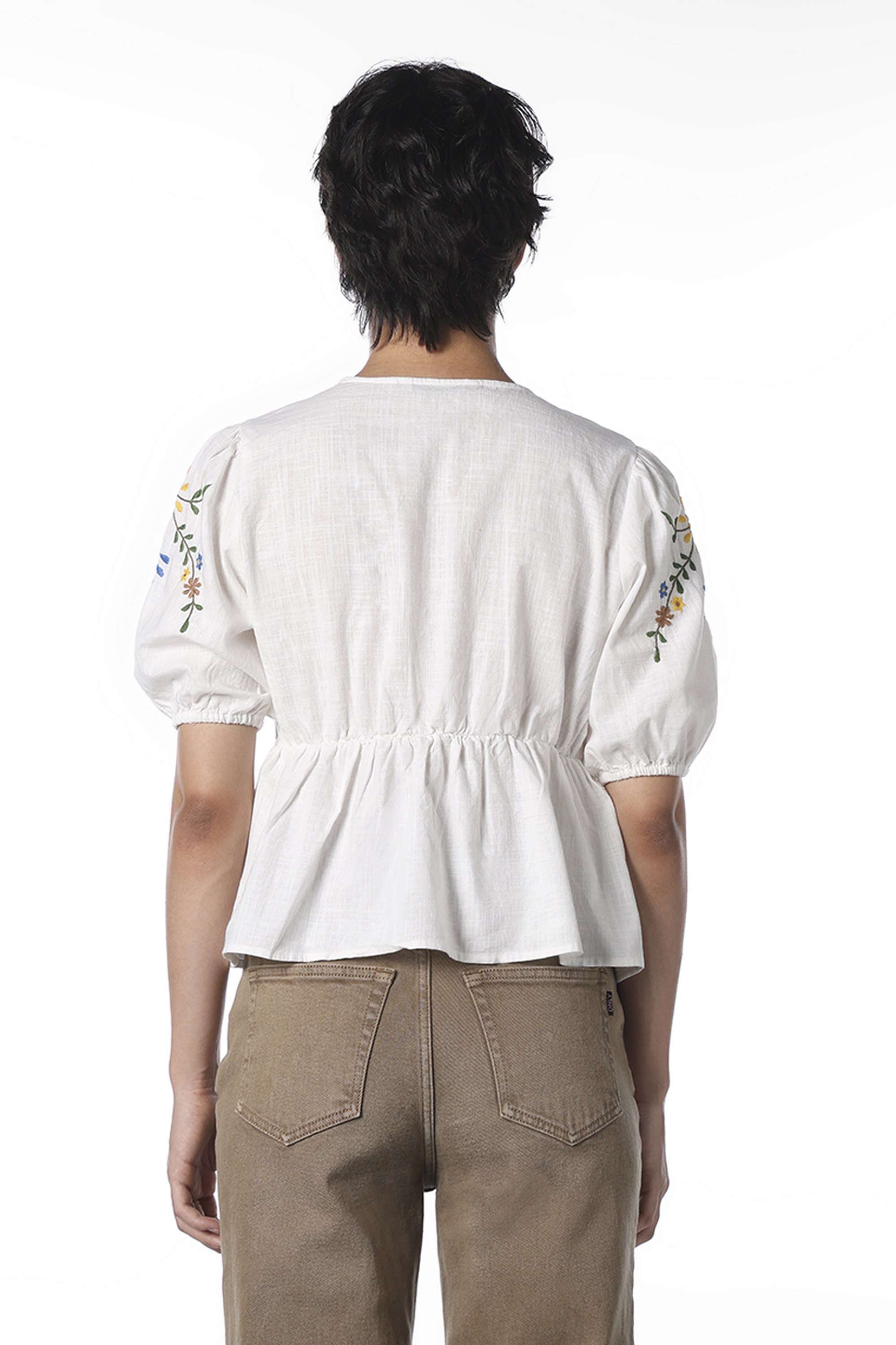 Embroidered-Tie-Up-Neck-Cotton-Women-Casual-Wear-Top