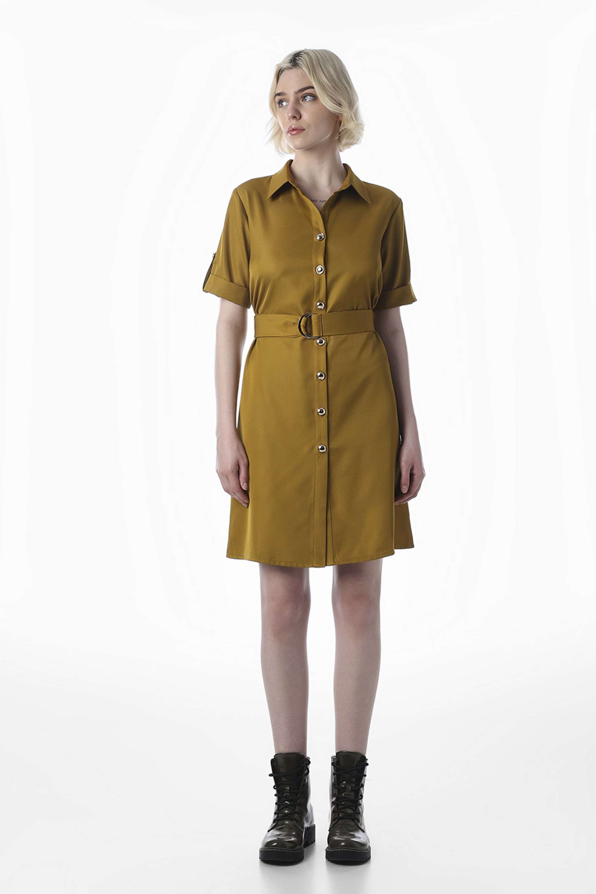 Solid-Collared-Half-Sleeves-Polyester-Women-Dress
