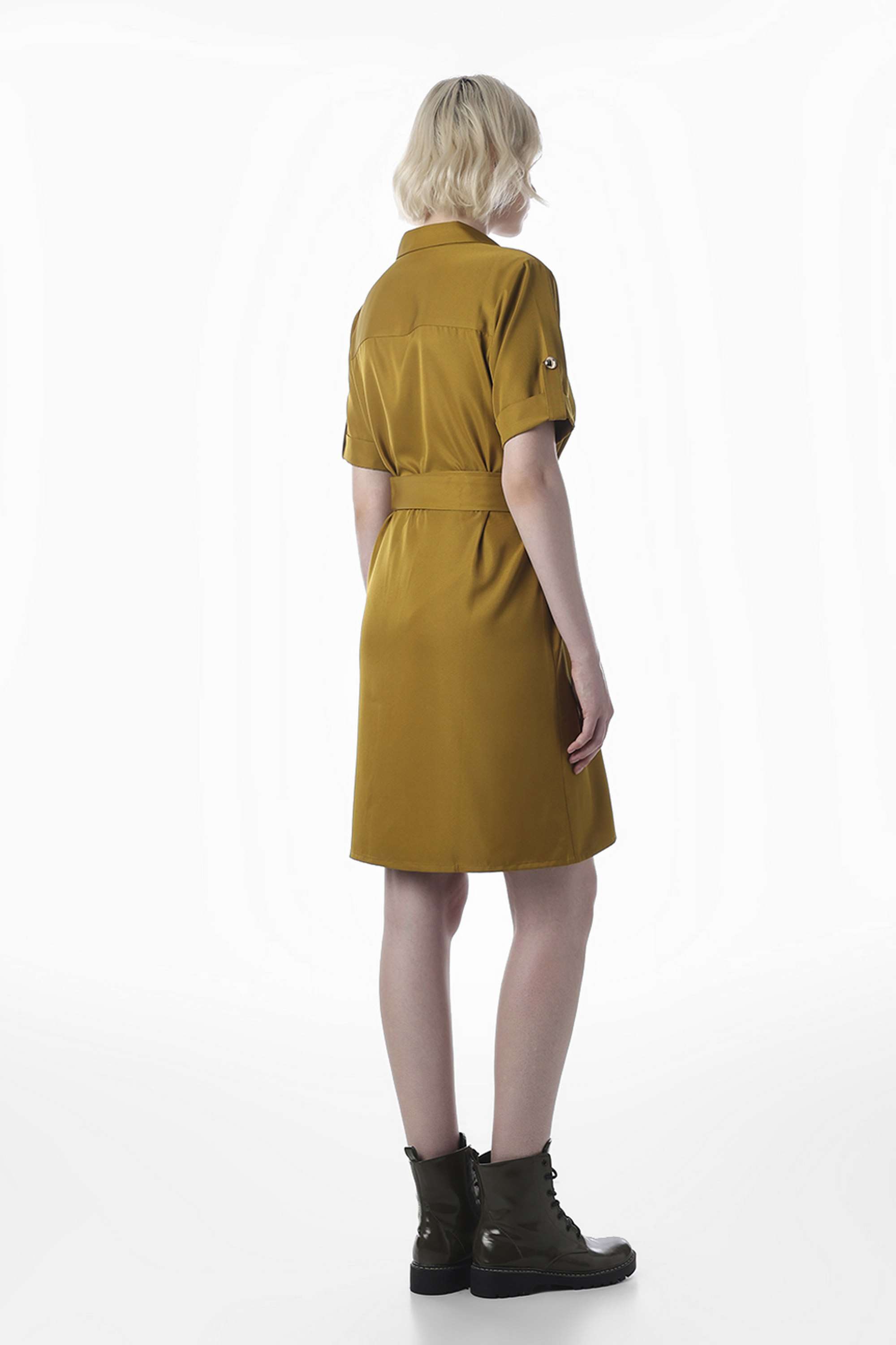 Solid-Collared-Half-Sleeves-Polyester-Women-Dress