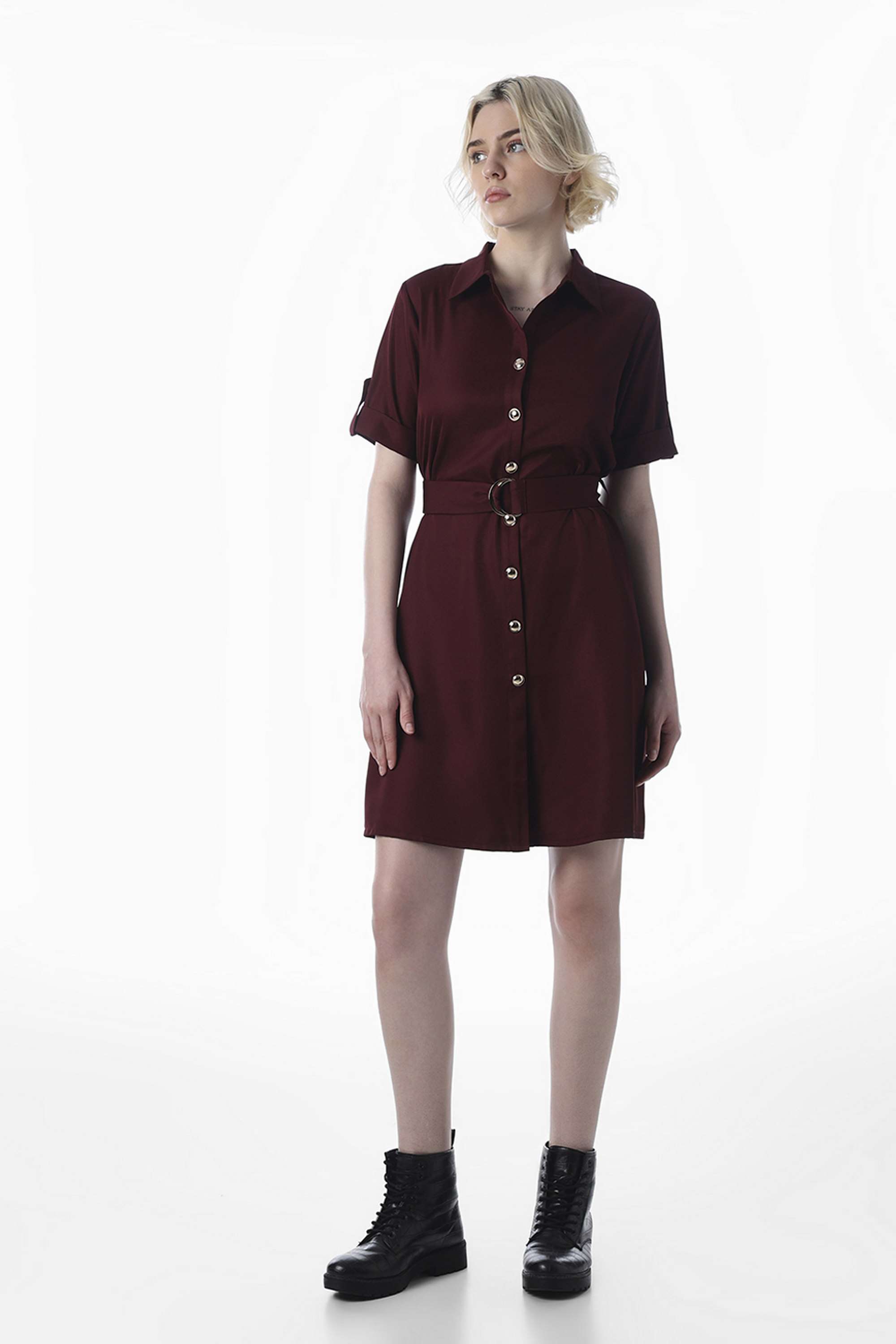 Solid-Collared-Half-Sleeves-Polyester-Women-Dress