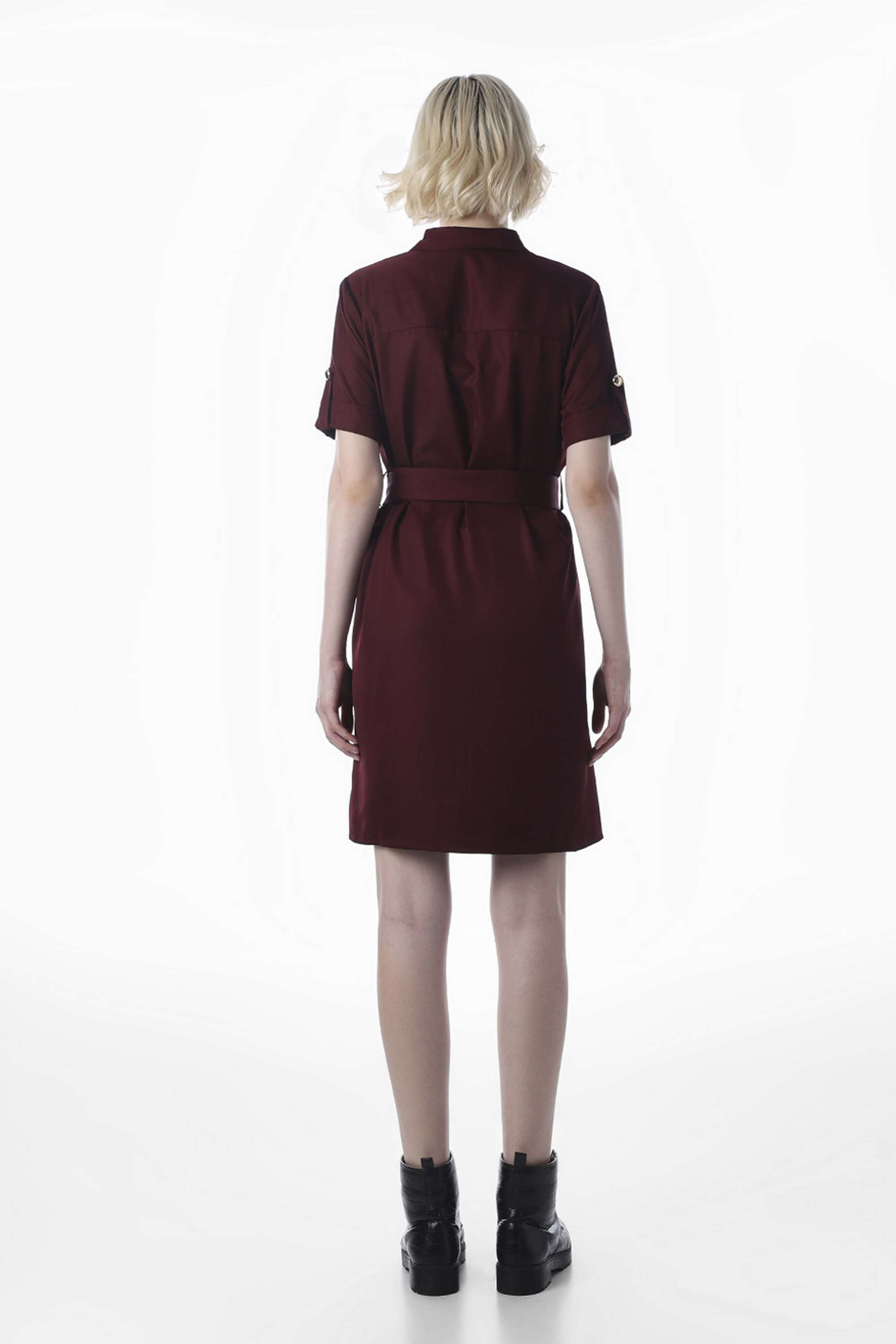 Solid-Collared-Half-Sleeves-Polyester-Women-Dress