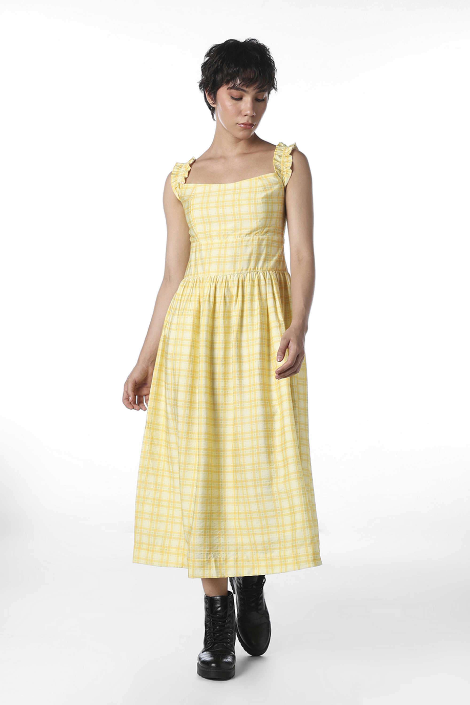 Checks-Viscose-Square-Neck-Women-s-Dress