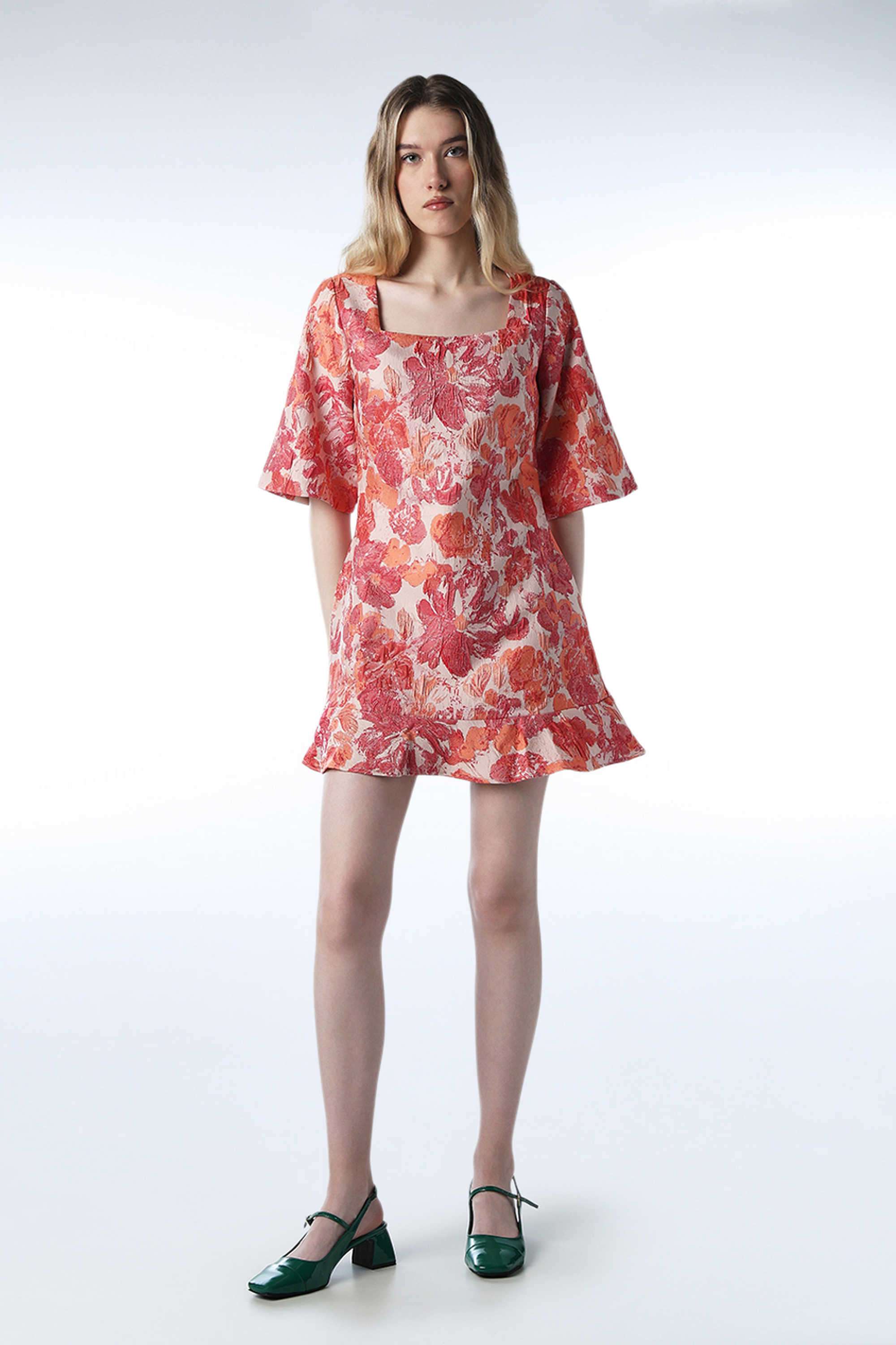 Floral-Polyester-Square-Neck-Women-s-Dress