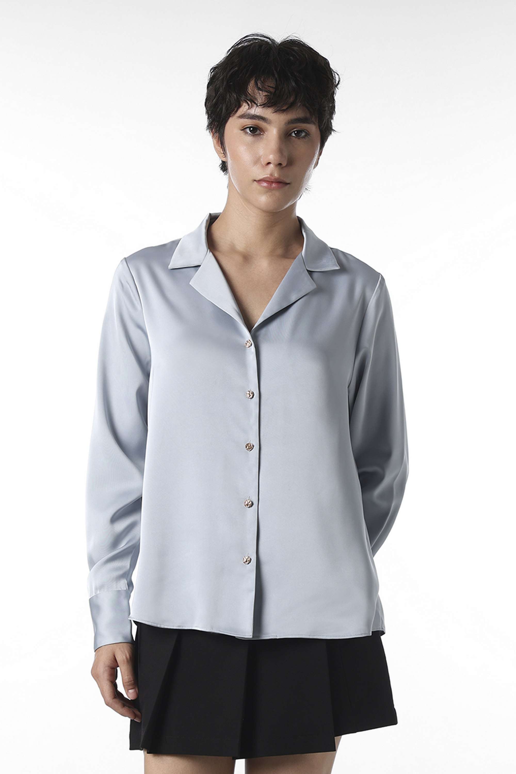 Solid-Collared-Polyester-Women-Casual-Wear-Shirt