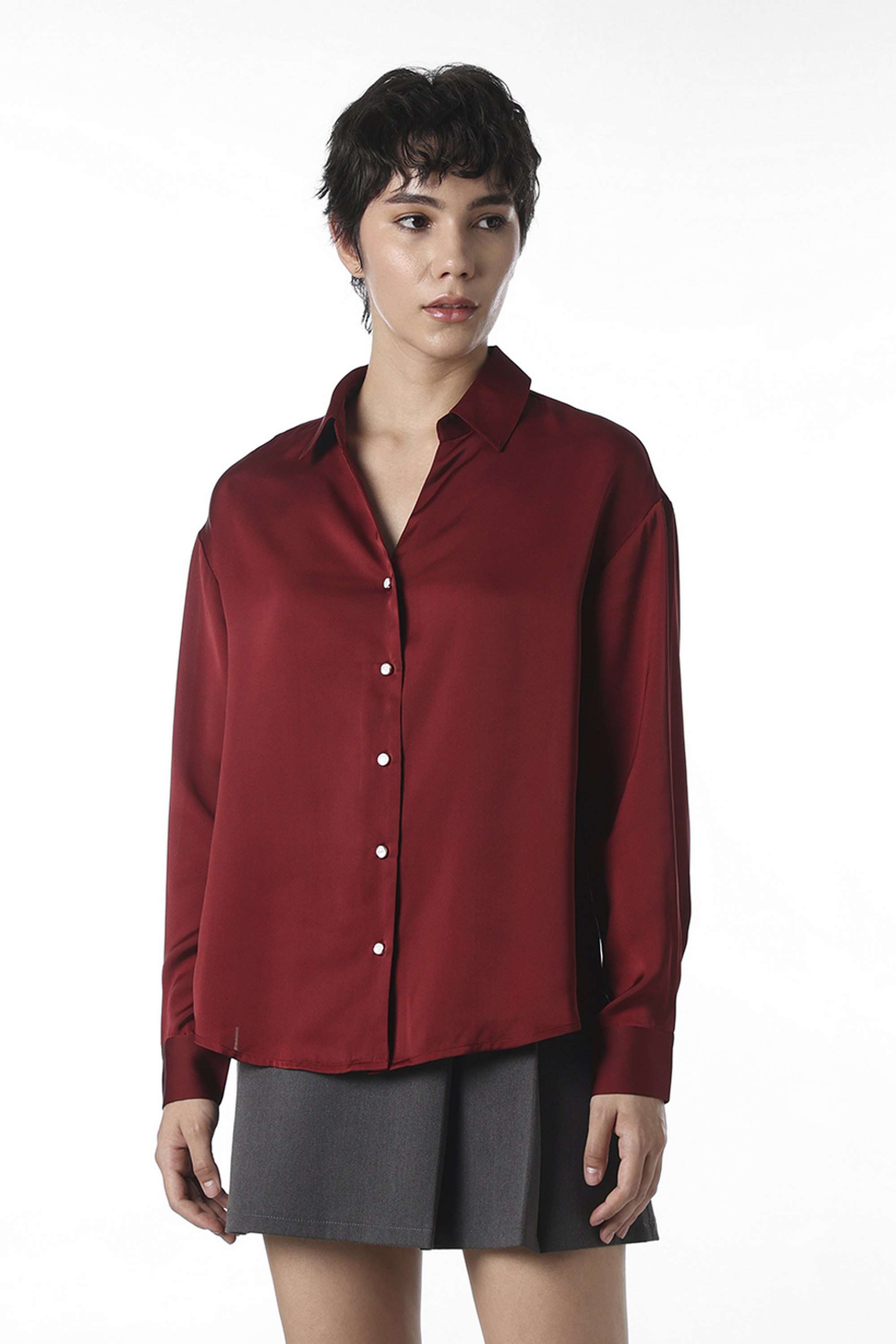 Solid-Collared-Polyester-Women-Casual-Wear-Shirt