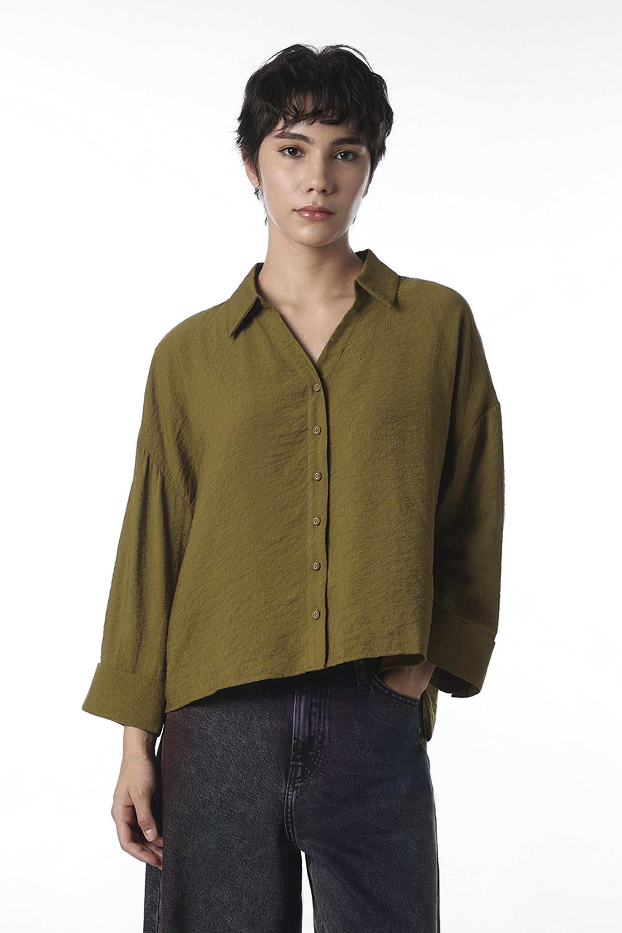 Solid-Collared-Viscose-Women-Casual-Wear-Shirt