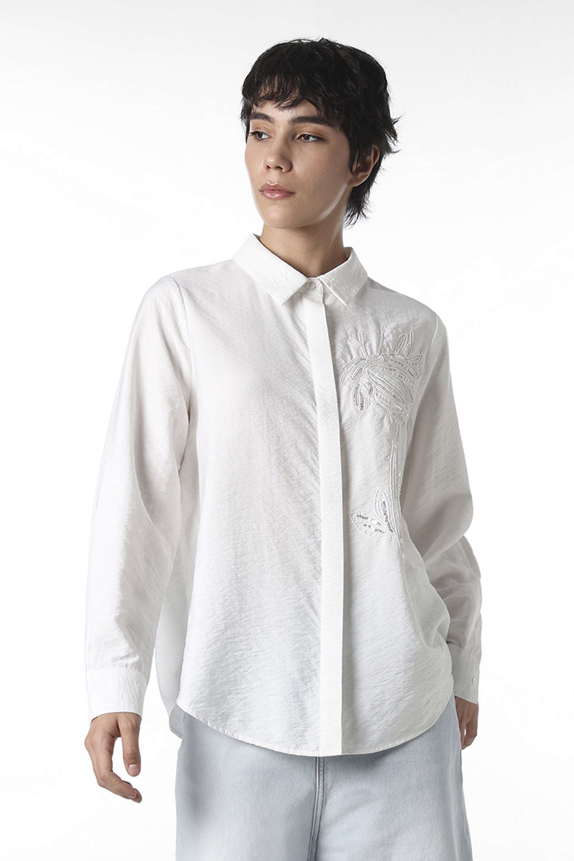 Embroidered-Collared-Viscose-Women-Casual-Wear-Shirt