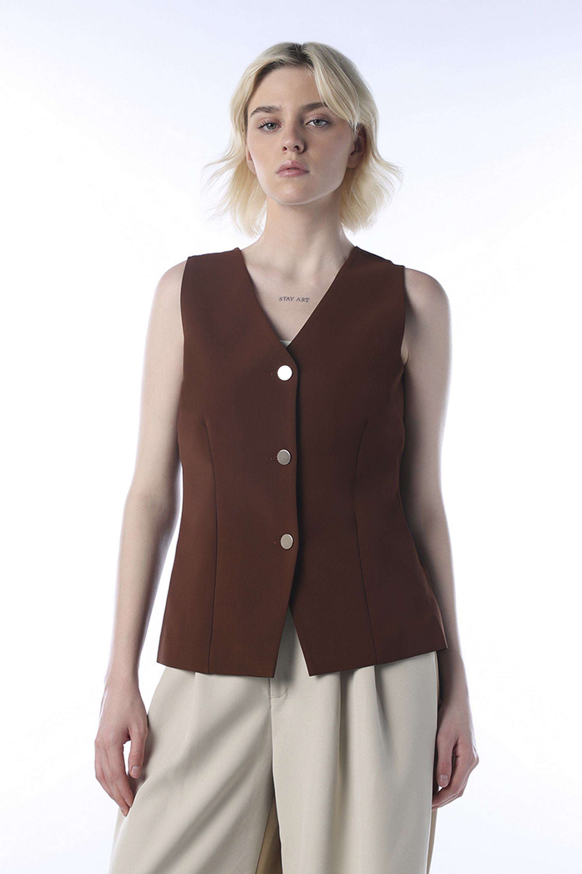 Solid-Polyester-V-Neck-Women-s-Top