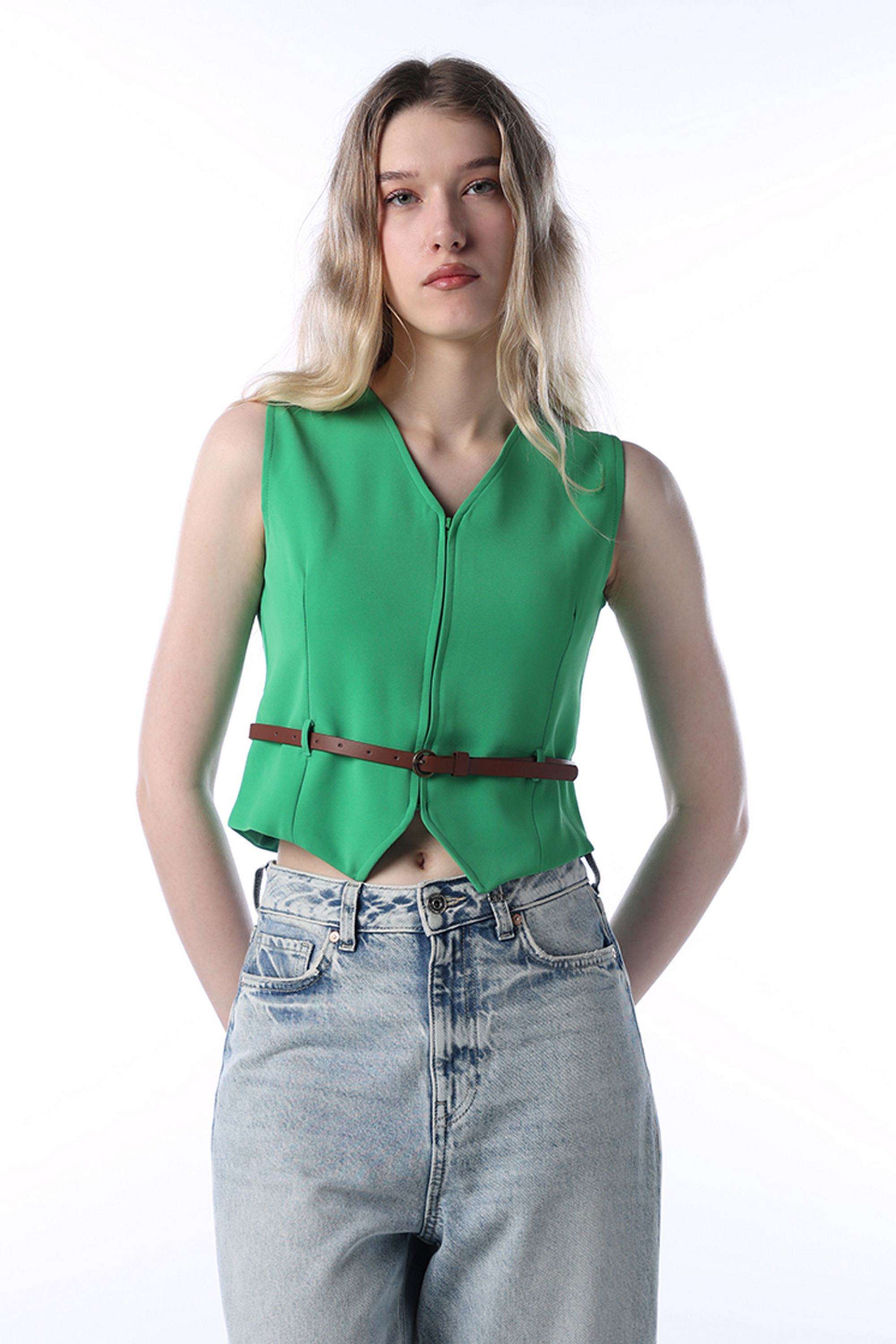 Solid-Polyester-V-Neck-Women-s-Top