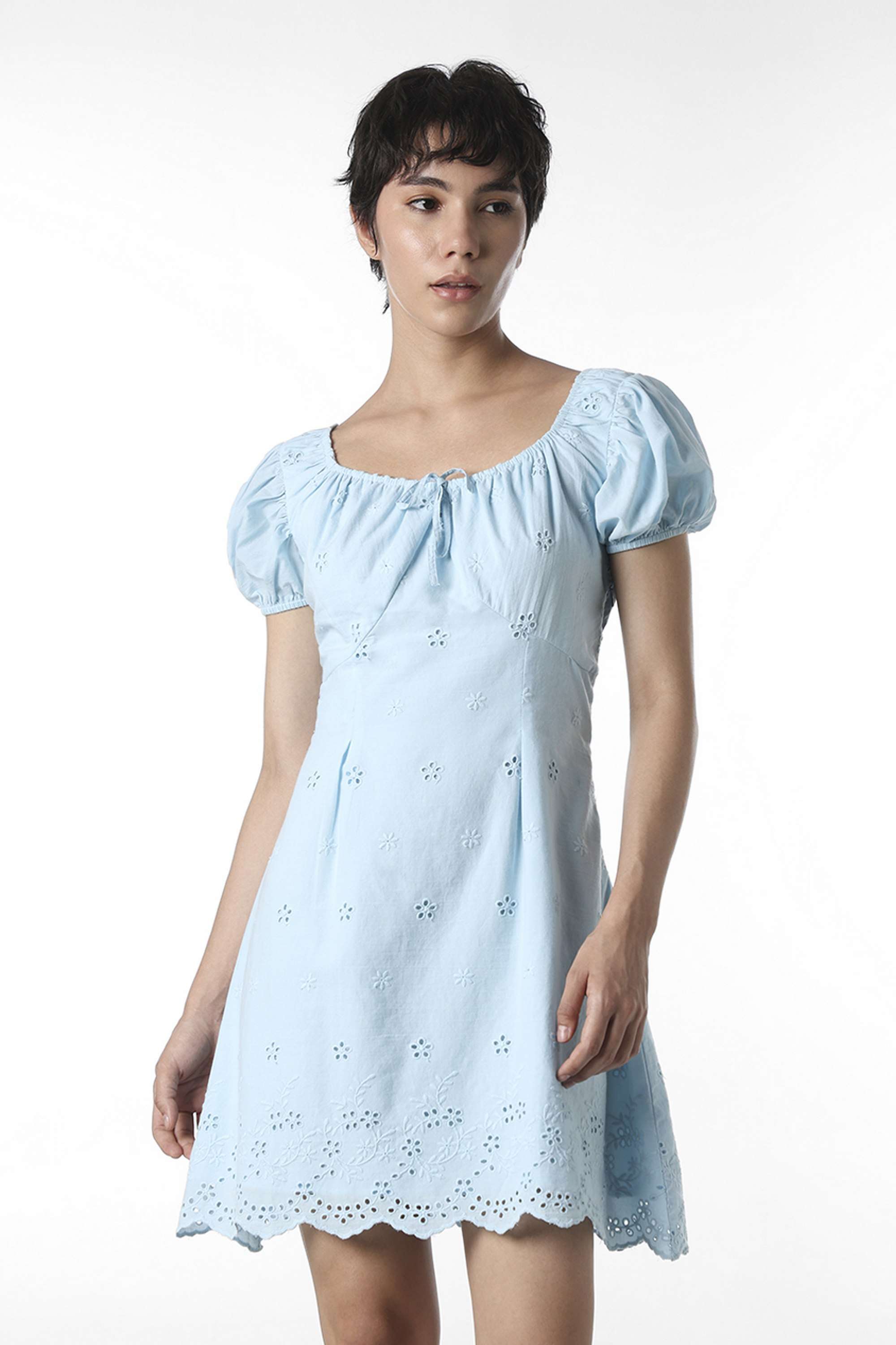 Embroidered-Sweetheart-Neck-Half-Sleeves-Cotton-Women-Dress