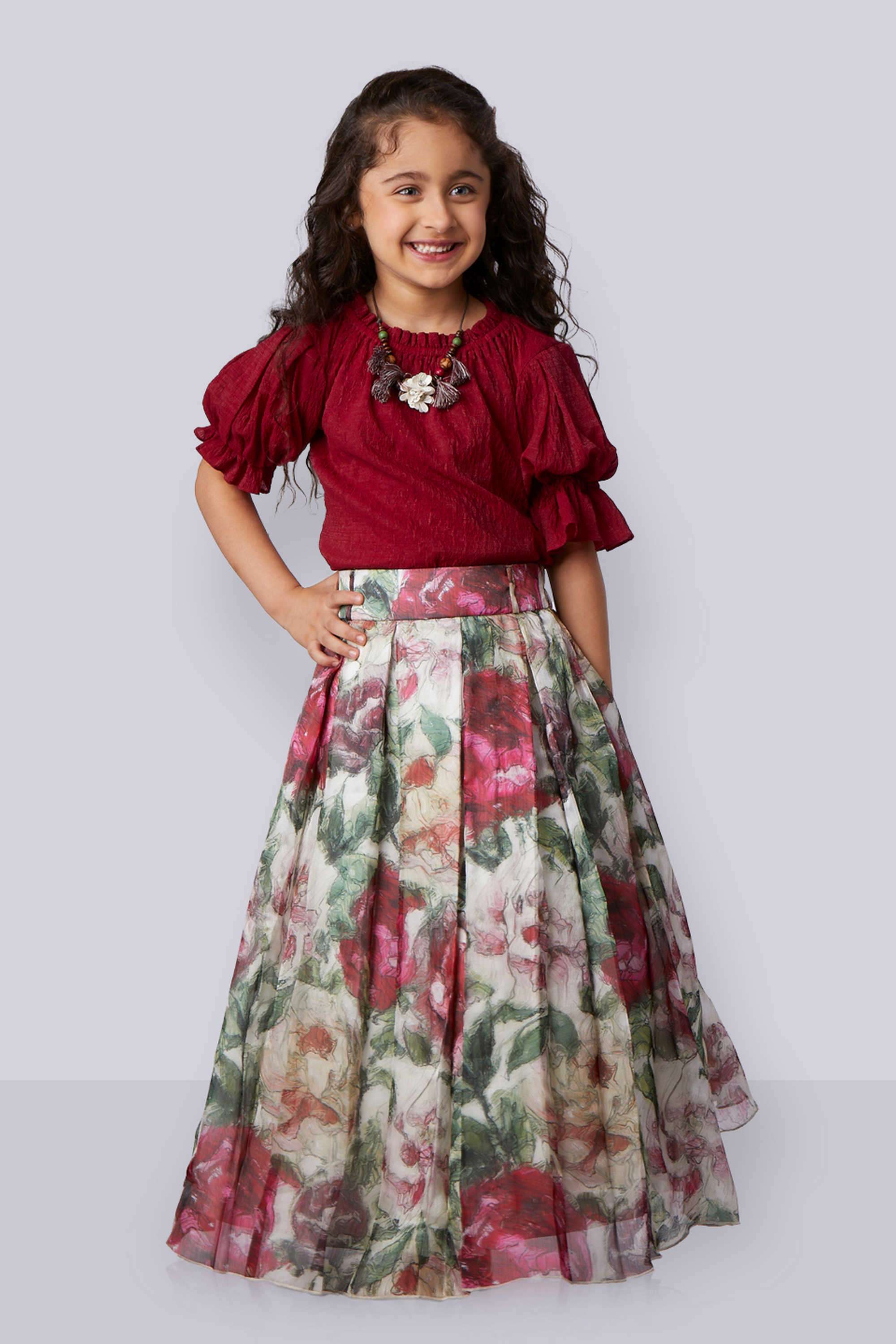 Floral-Polyester-Round-Neck-Girl-s-Party-Wear-Skirt-Top-With-Neckpiece-Clothing-Set