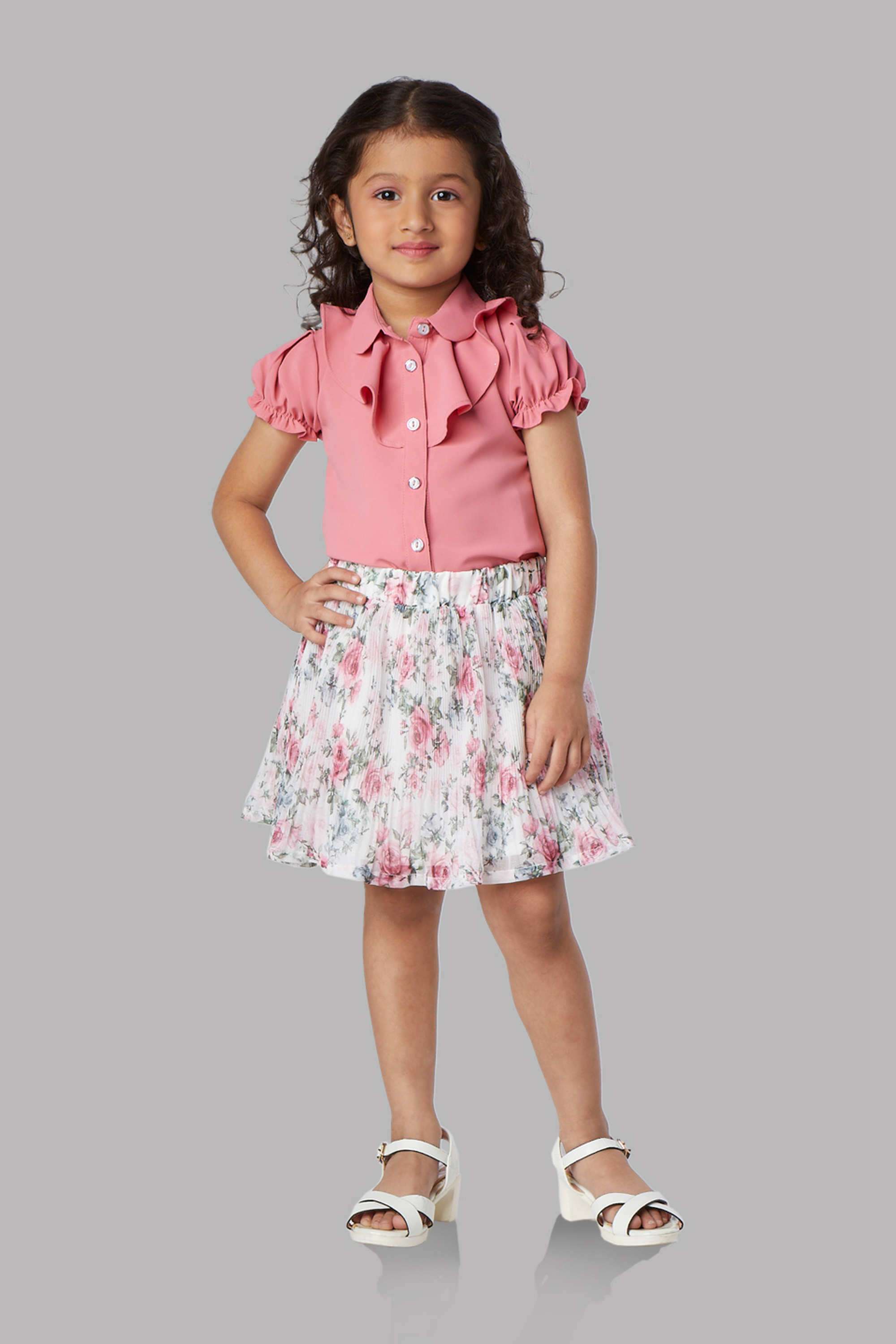 Floral-Polyester-Collared-Girls-Casual-Wear-Skirt-Set