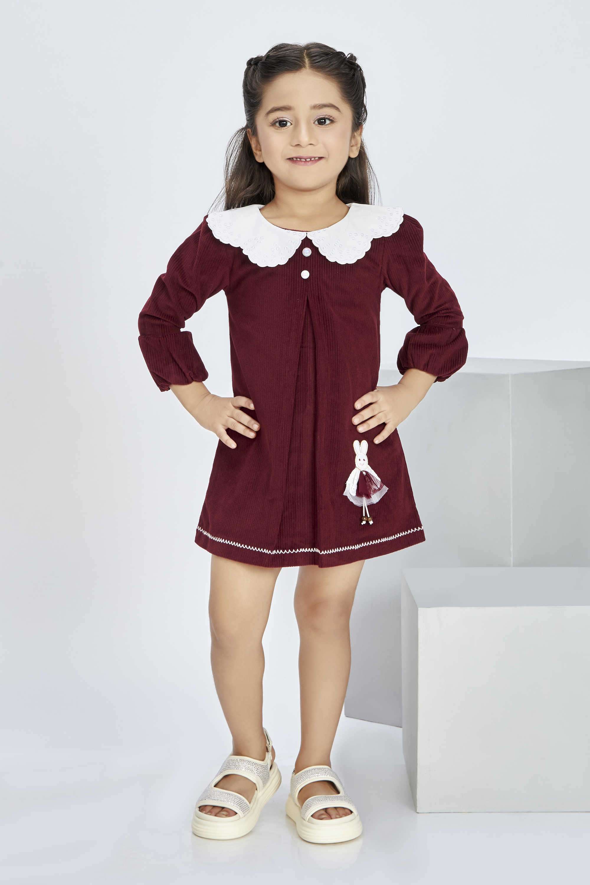 Solid-Polyester-Collared-Girl-s-Casual-Wear-Dress