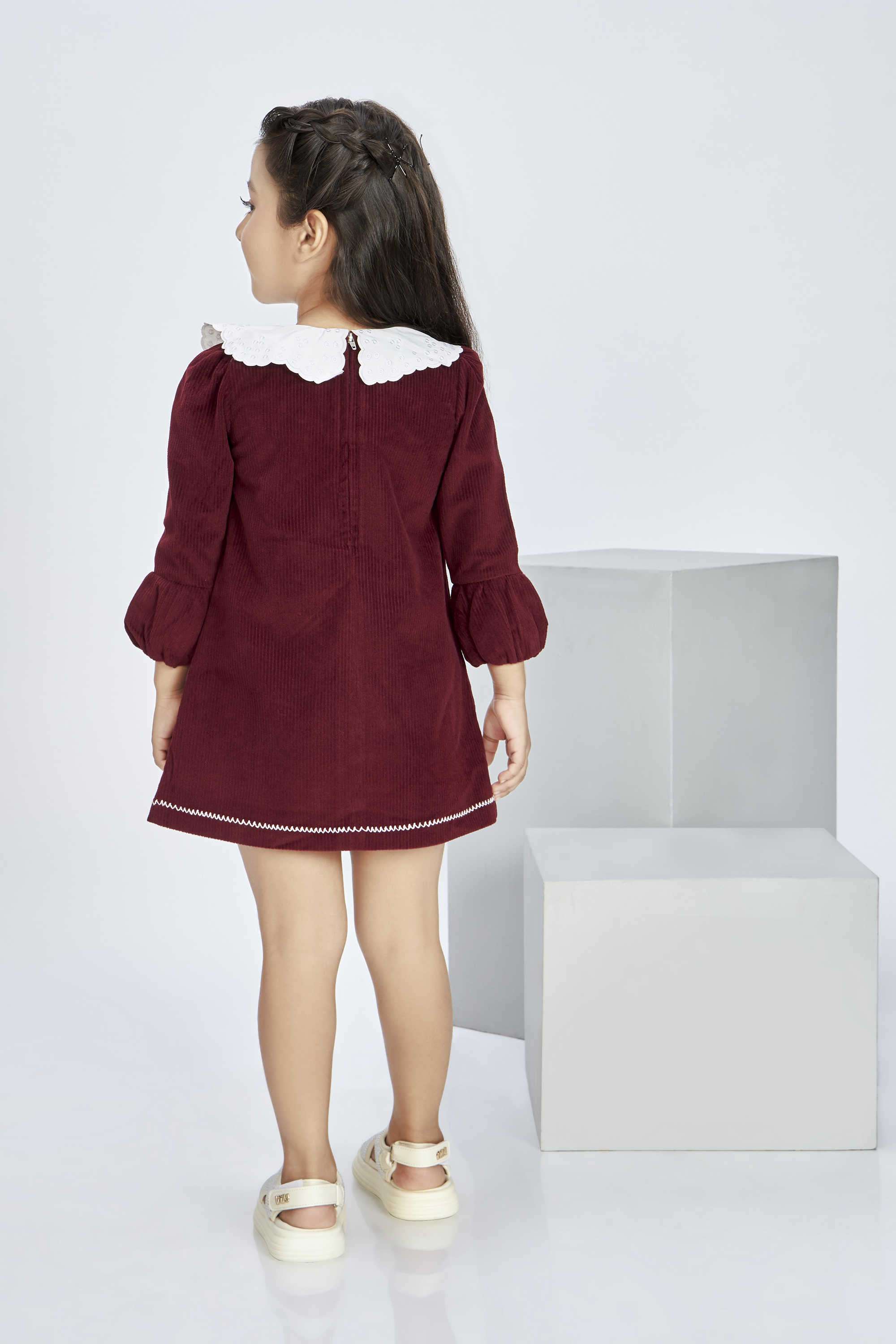 Solid-Polyester-Collared-Girl-s-Casual-Wear-Dress