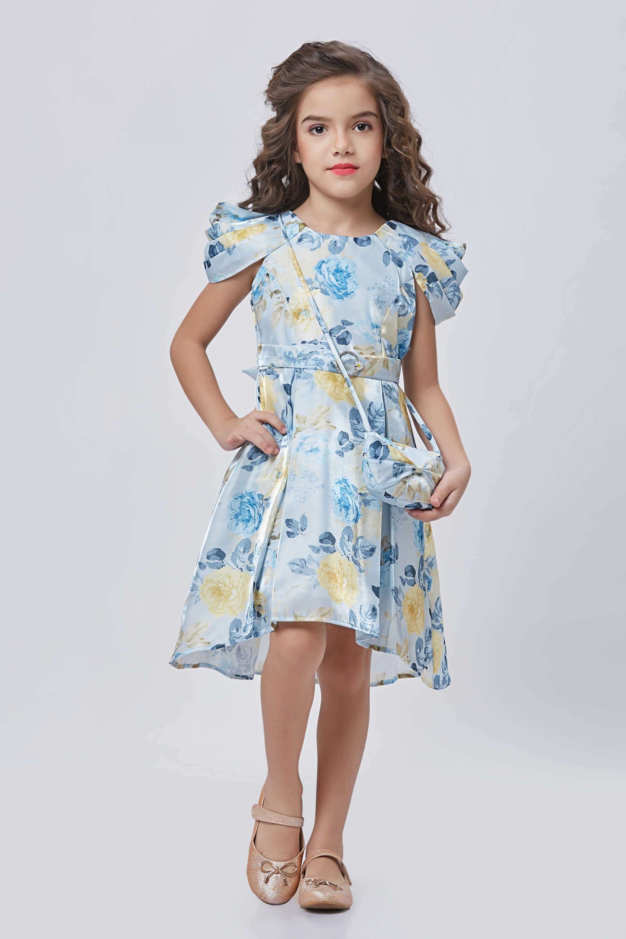 Floral-Polyester-Round-Neck-Girl-s-Party-Wear-Dress