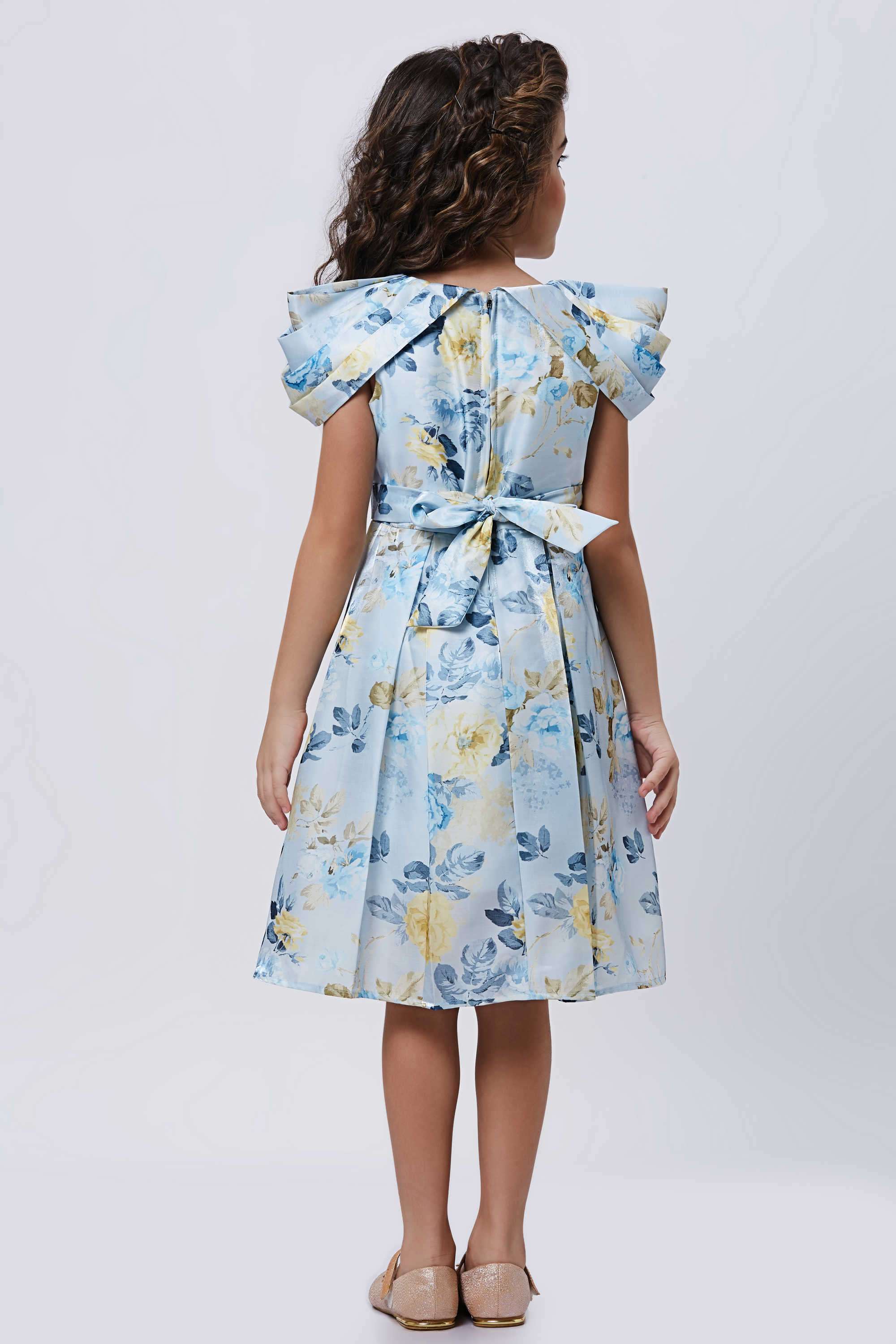 Floral-Polyester-Round-Neck-Girl-s-Party-Wear-Dress