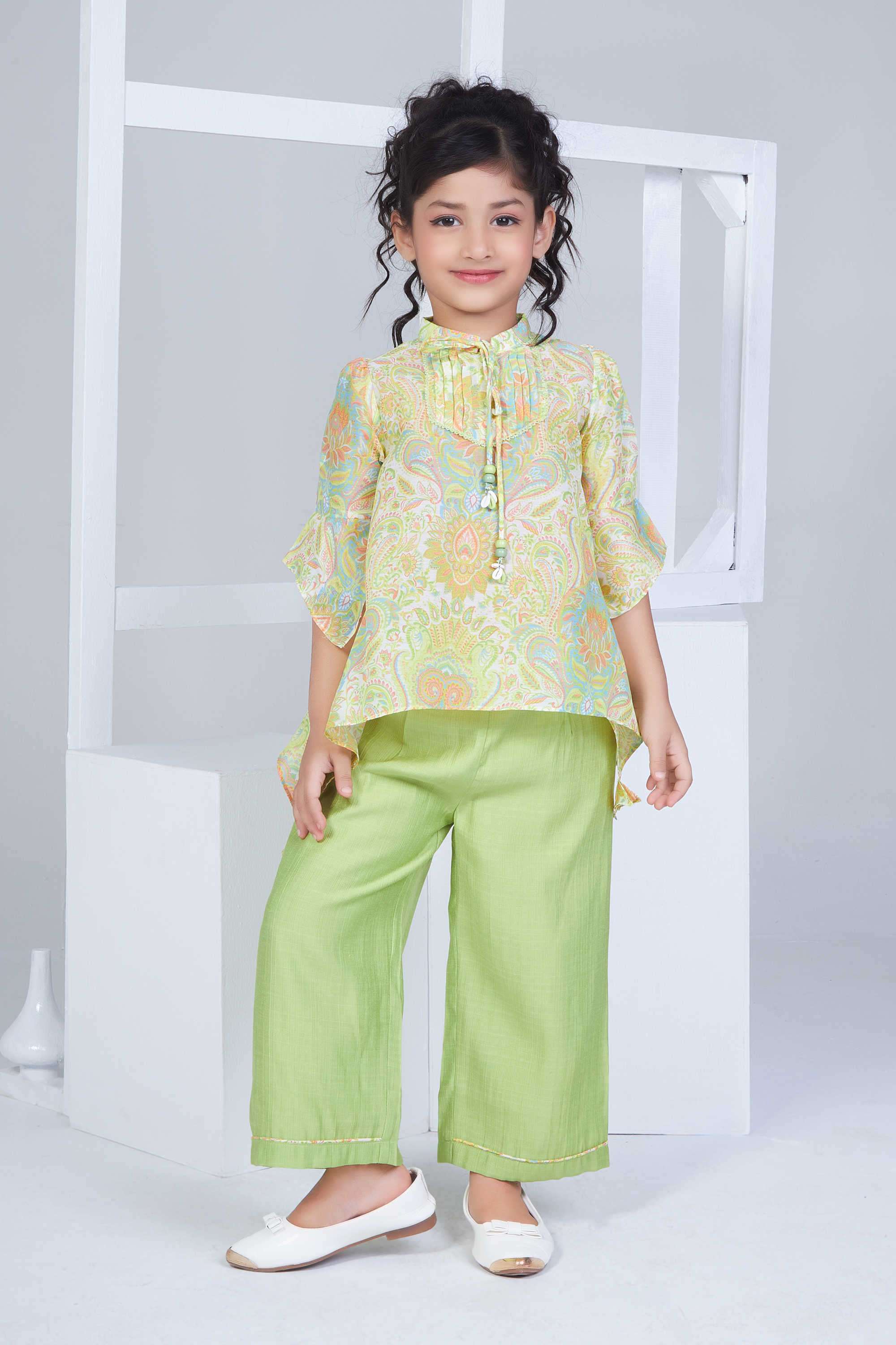 Floral-Blended-Fabric-Collared-Girl-s-Festive-Wear-Top-With-Inner-&-Pant-Clothing-Set