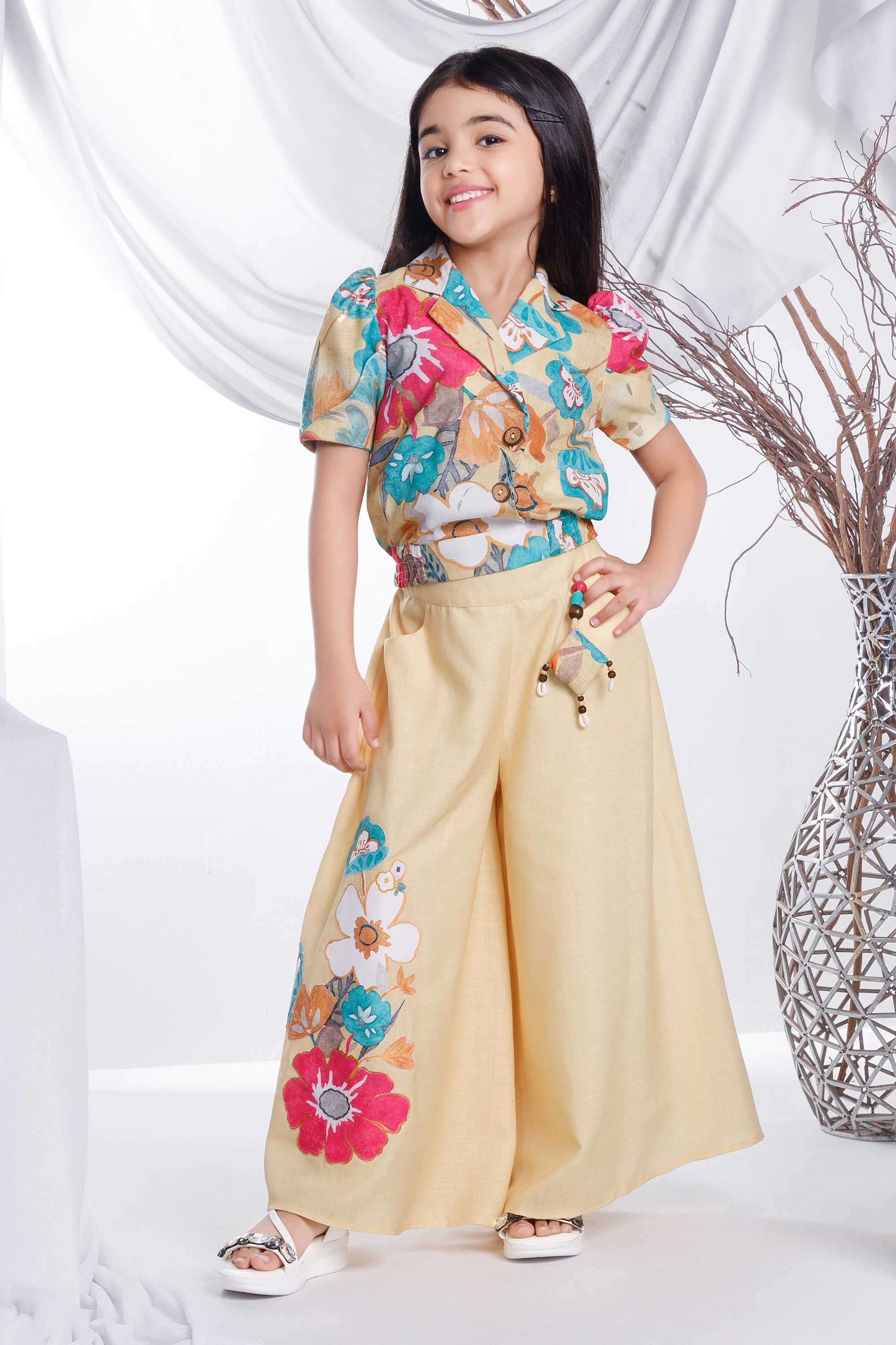 Floral-Blended-Fabric-Collared-Girl-s-Festive-Wear-Palazzo-With-Top-Clothing-Set