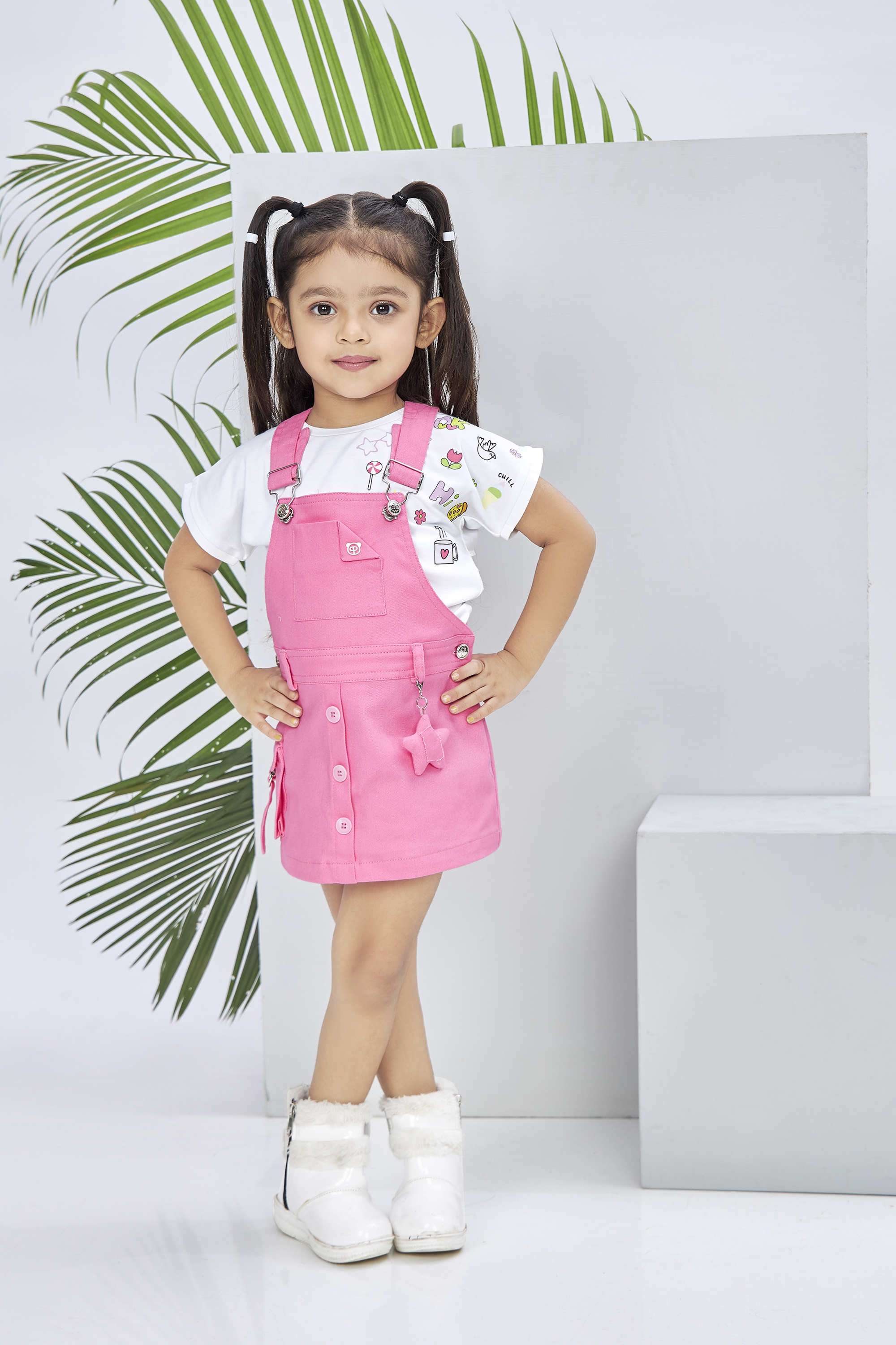 Solid-Cotton-Round-Neck-Girls-Casual-Wear-Dungaree-Set