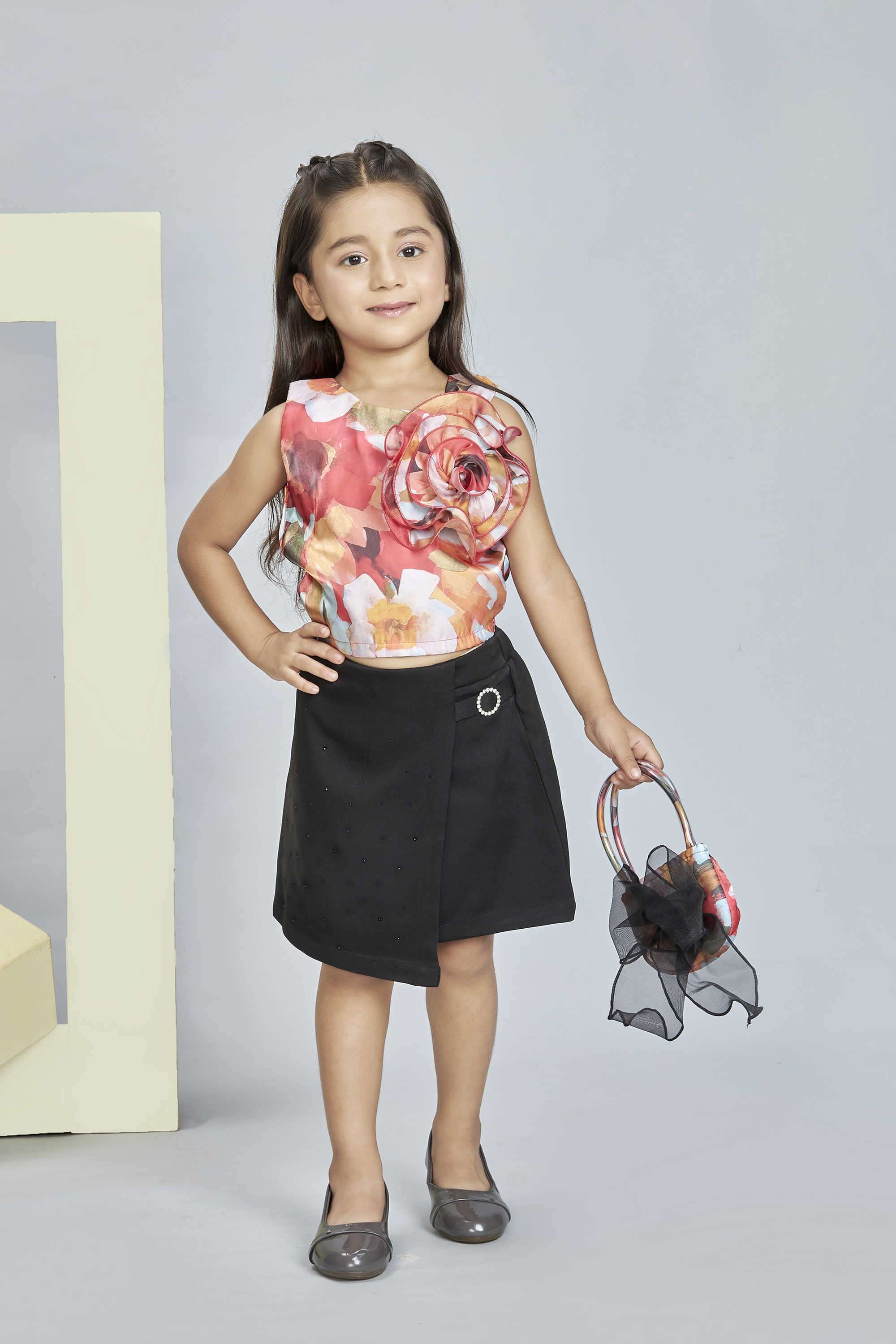 Floral-Polyester-Off-Shoulder-Girl-s-Party-Wear-Skirt-with-Top-&-Purse-Clothing-Set