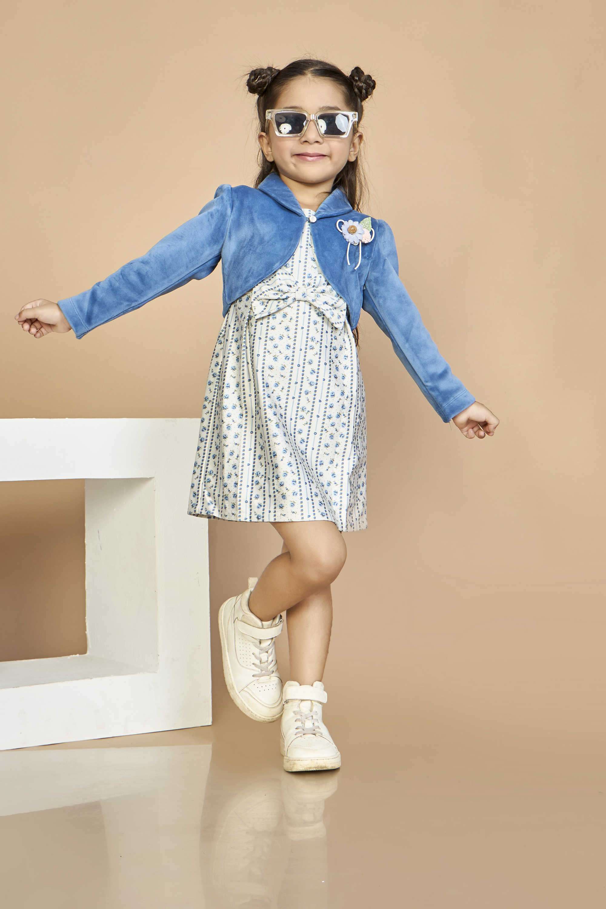 Textured-Blended-Fabric-Collared-Girl-s-Casual-Wear-Dress-&-Jacket-Clothing-Set