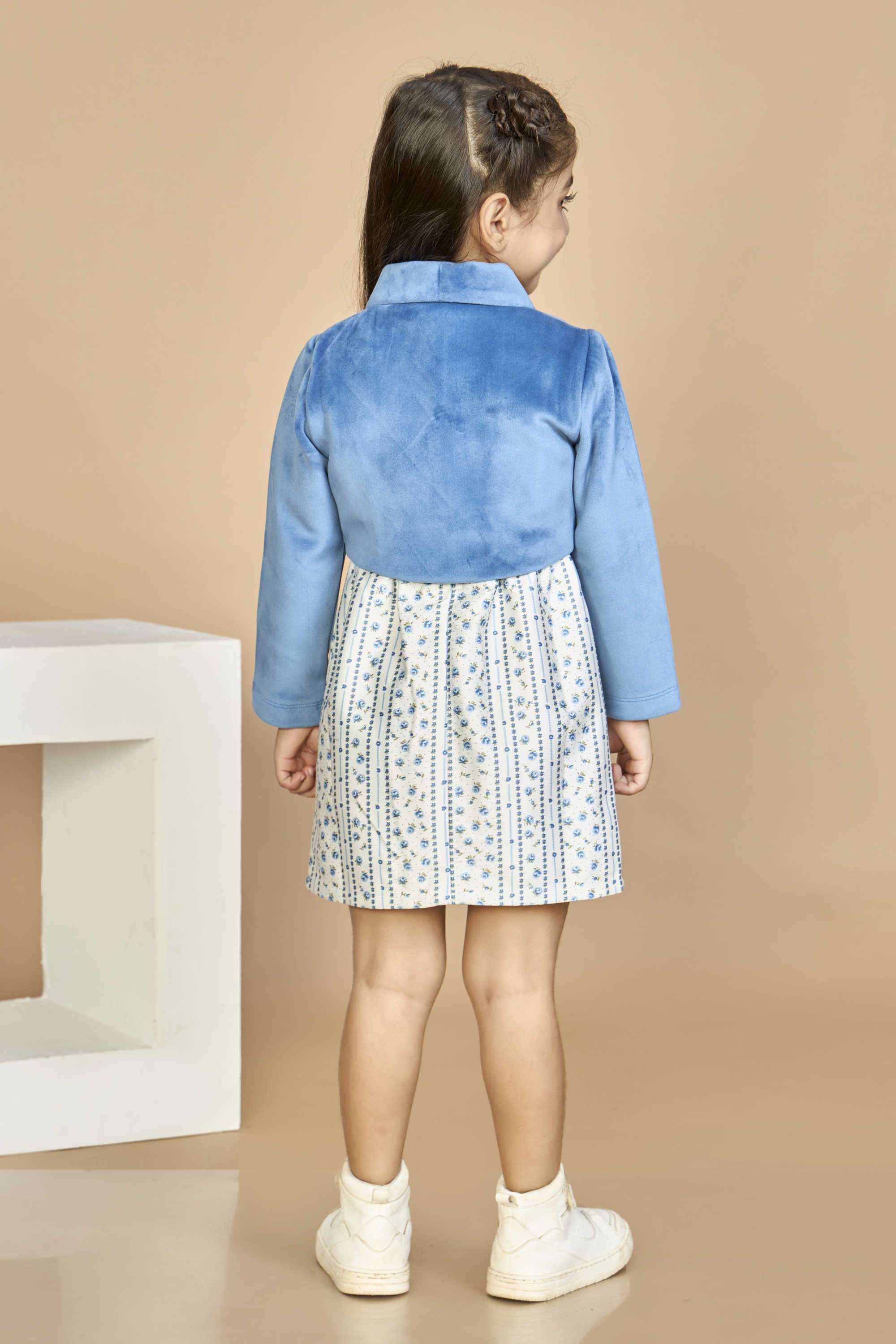 Textured-Blended-Fabric-Collared-Girl-s-Casual-Wear-Dress-&-Jacket-Clothing-Set