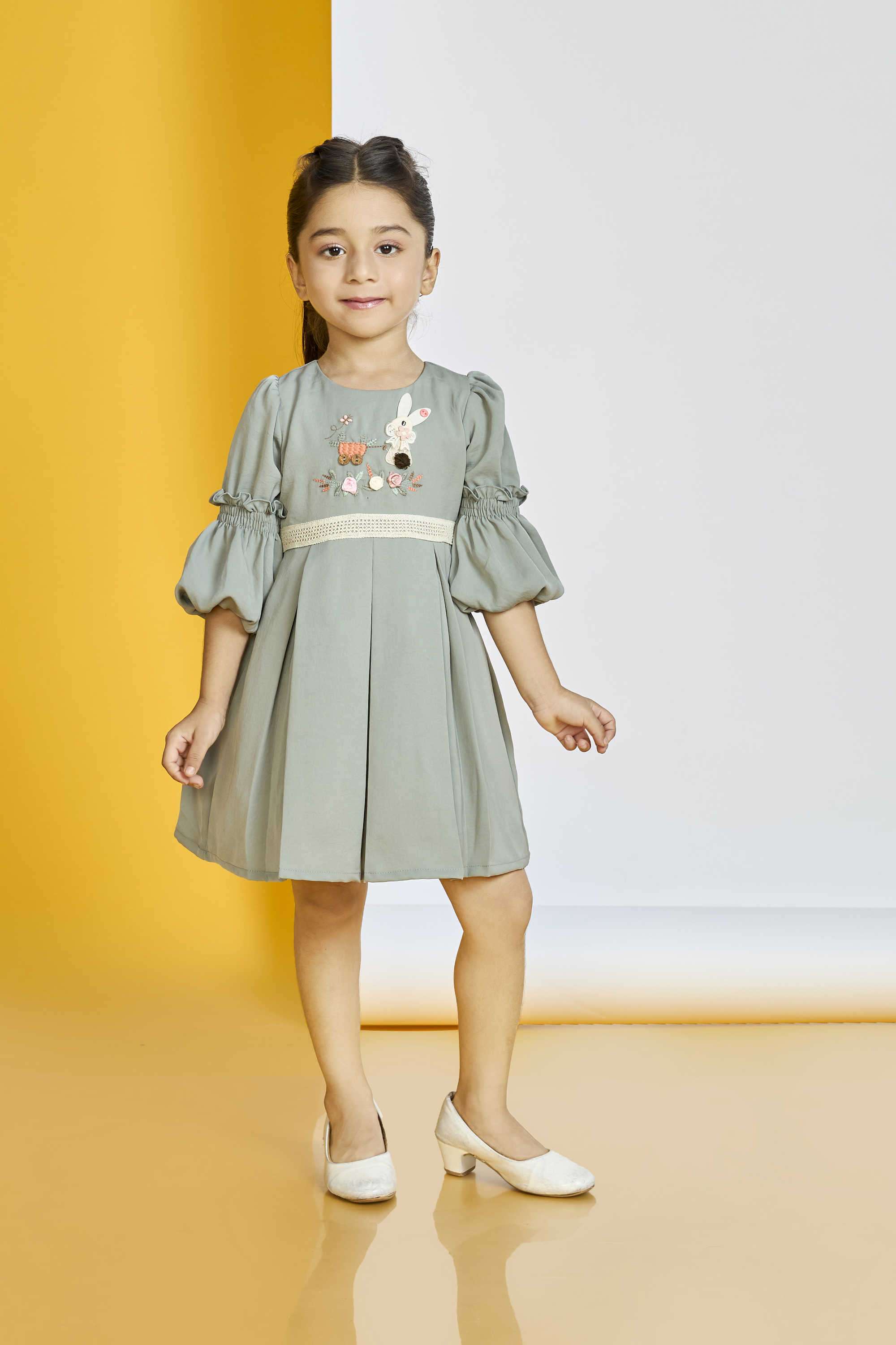 Solid-Polyester-Round-Neck-Girl-s-Casual-Wear-Dress