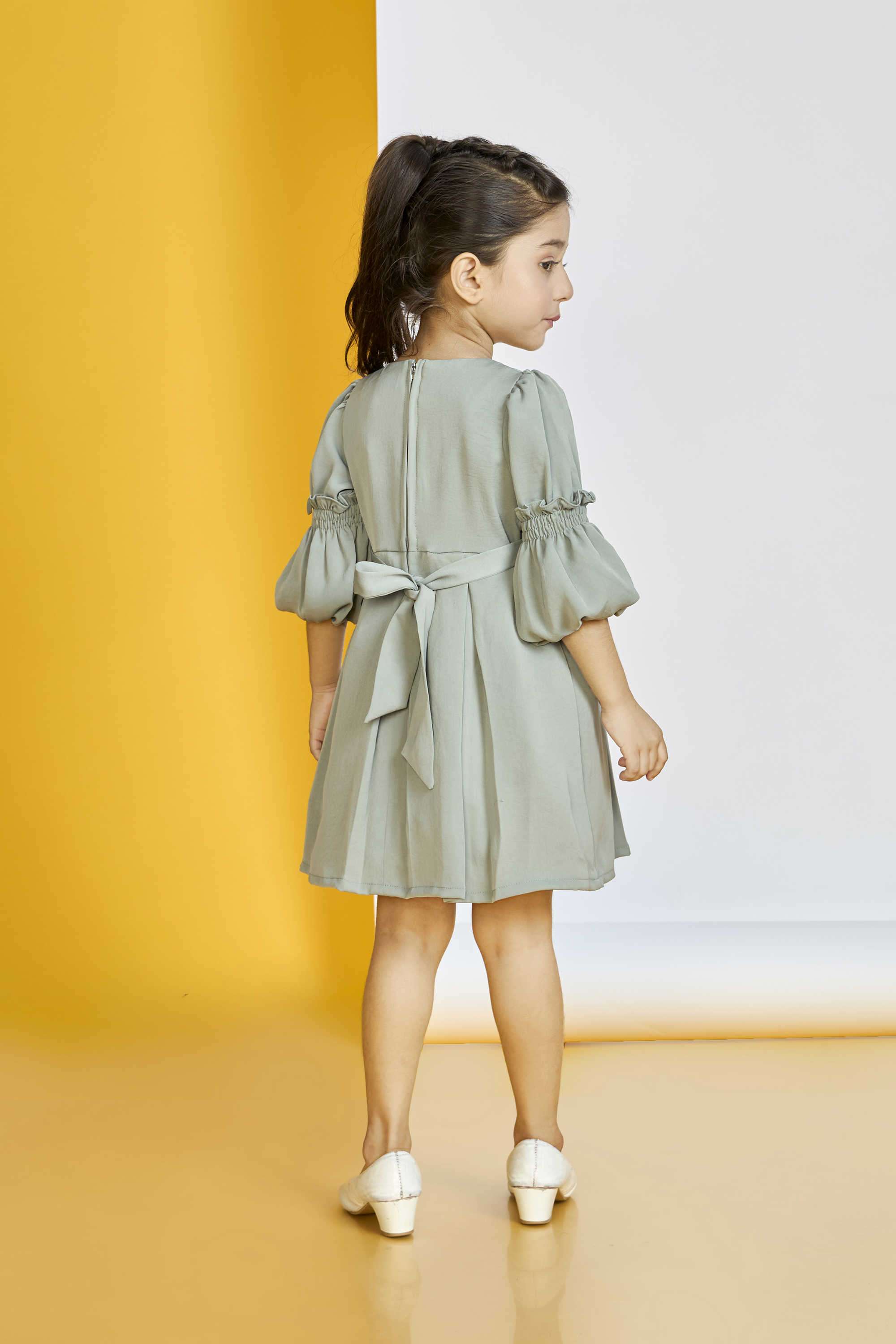 Solid-Polyester-Round-Neck-Girl-s-Casual-Wear-Dress