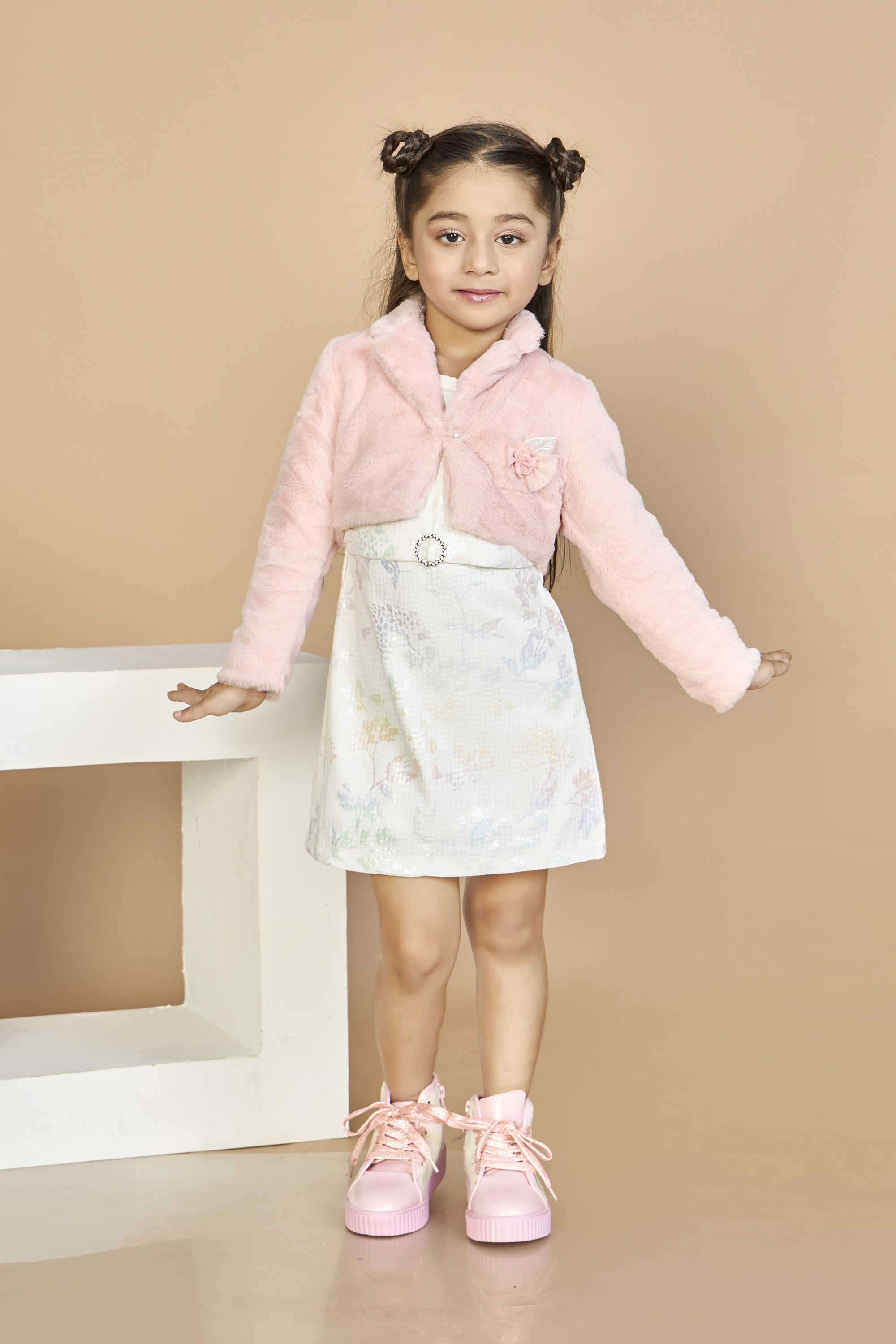 Printed-Polyester-Collared-Girl-s-Casual-Wear-Dress-&-Jacket-Clothing-Set