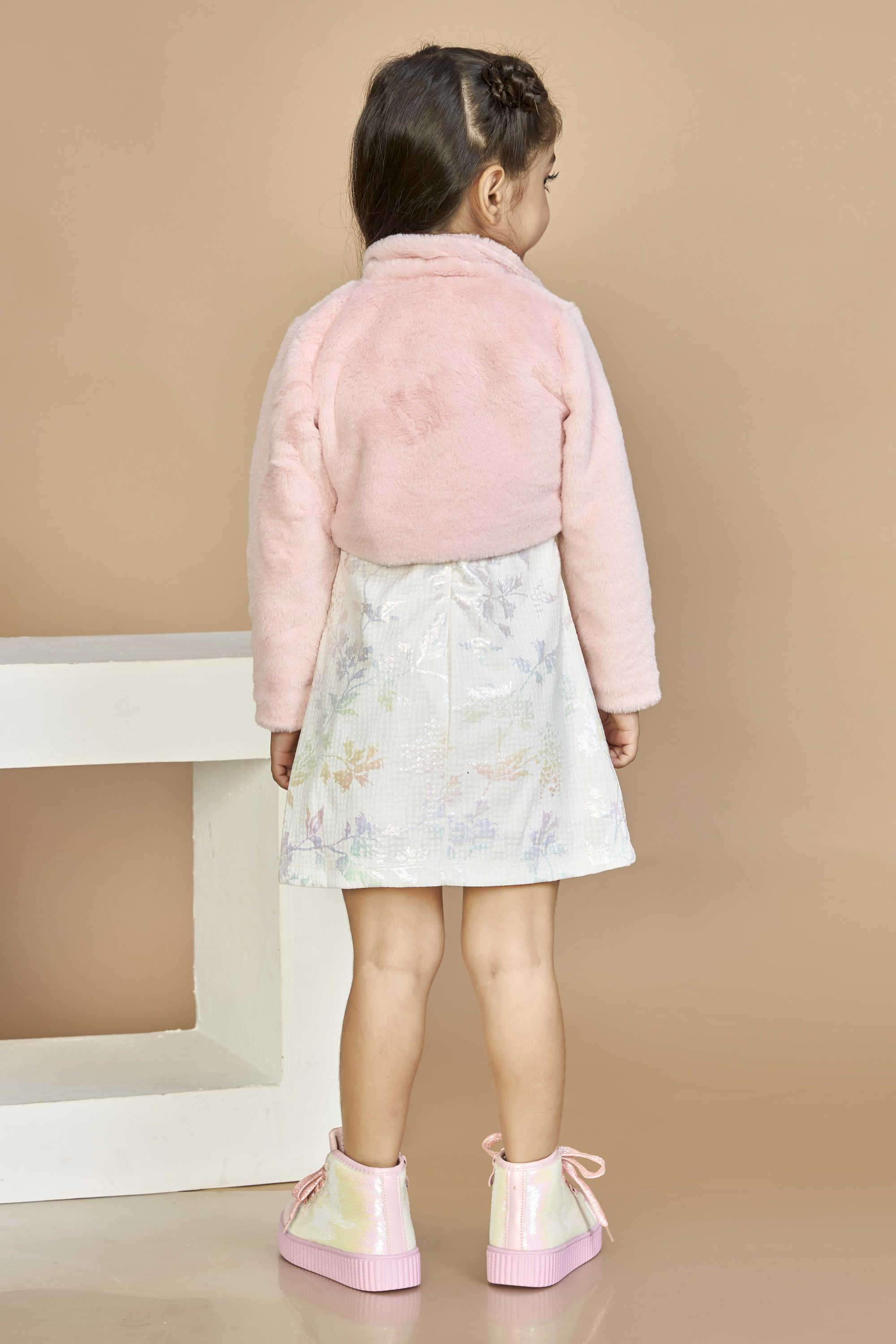 Printed-Polyester-Collared-Girl-s-Casual-Wear-Dress-&-Jacket-Clothing-Set