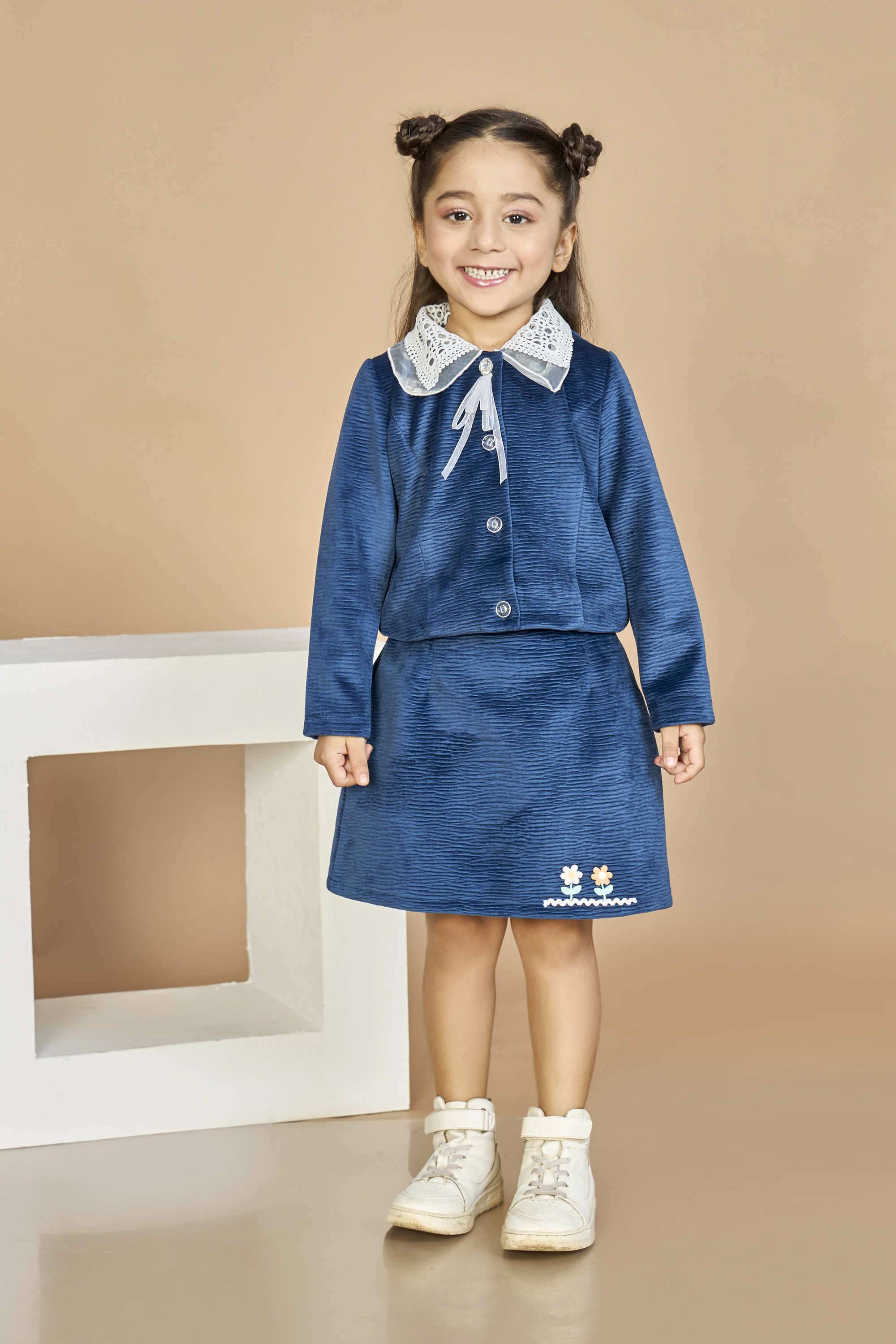 Solid-Blended-Fabric-Collared-Girls-Casual-Wear-Skirt-Set