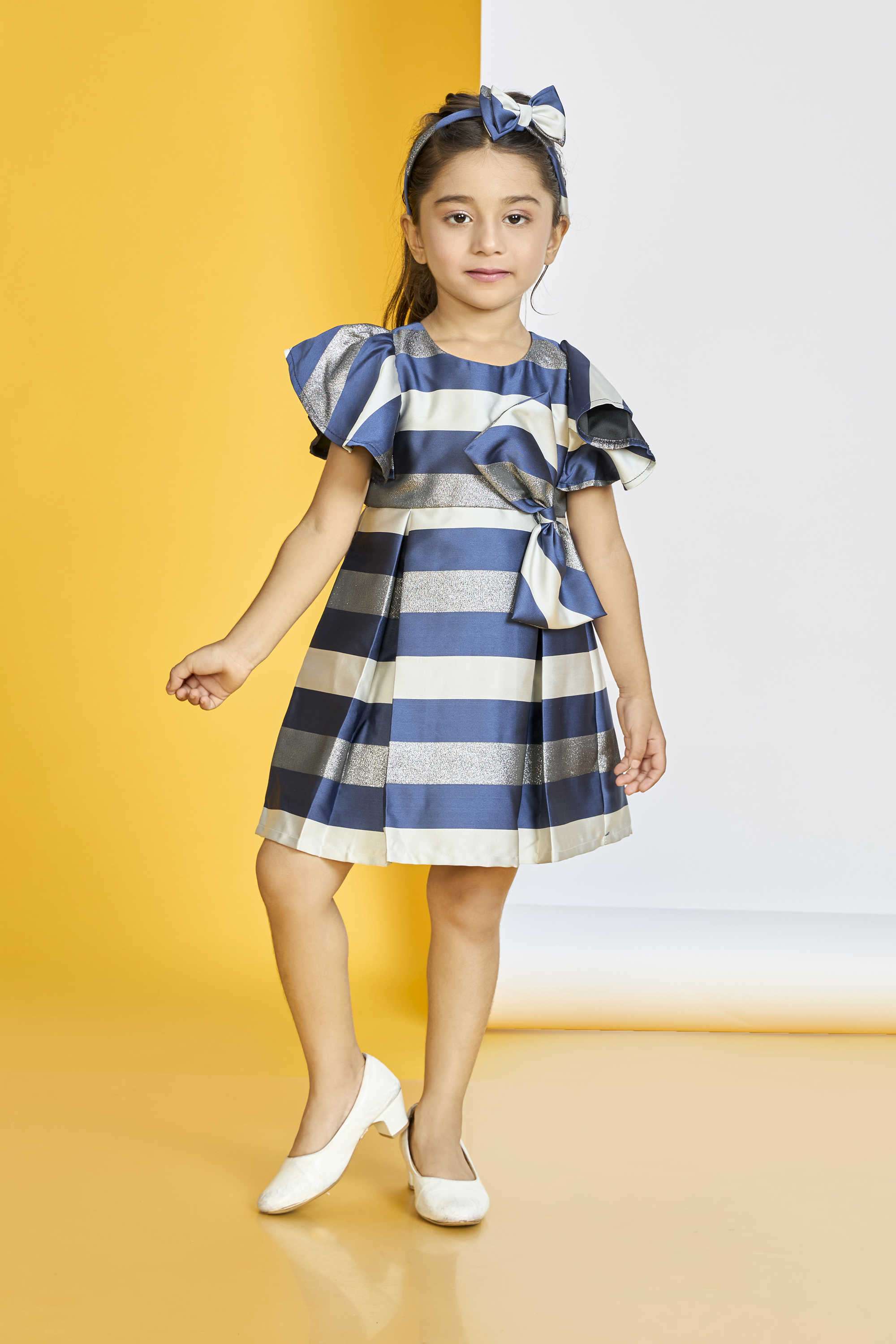 Stripes-Polyester-Round-Neck-Girl-s-Casual-Wear-Dress