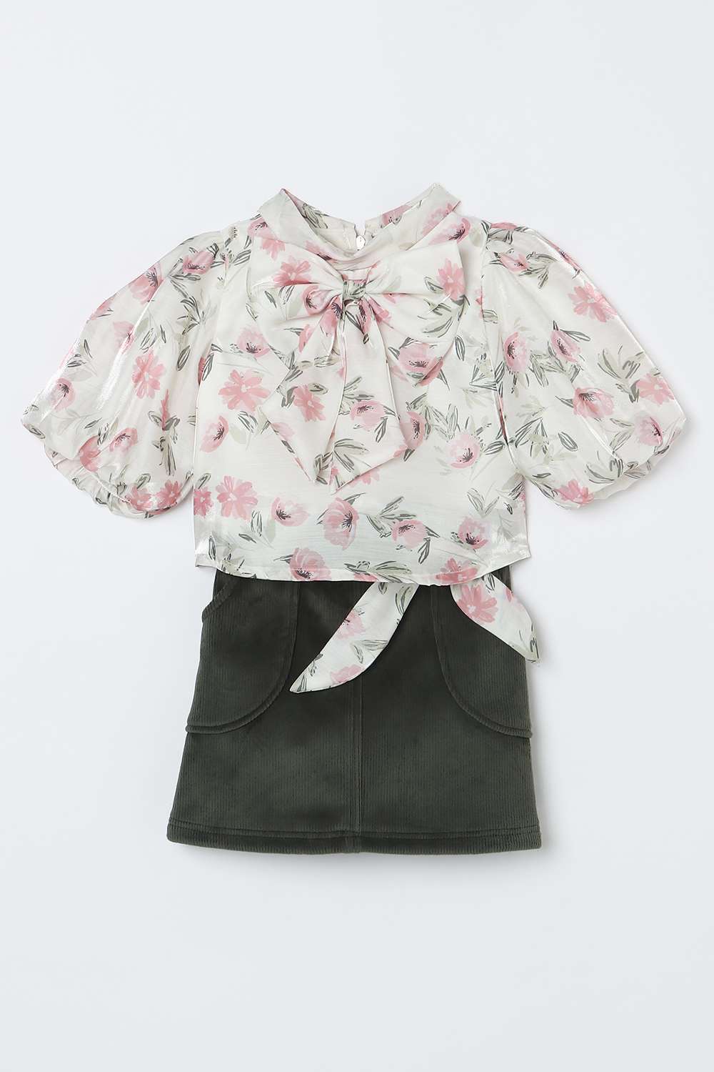 Floral-Polyester-Collared-Girl-s-Party-Wear-Skirt-&-Top-Clothing-Set