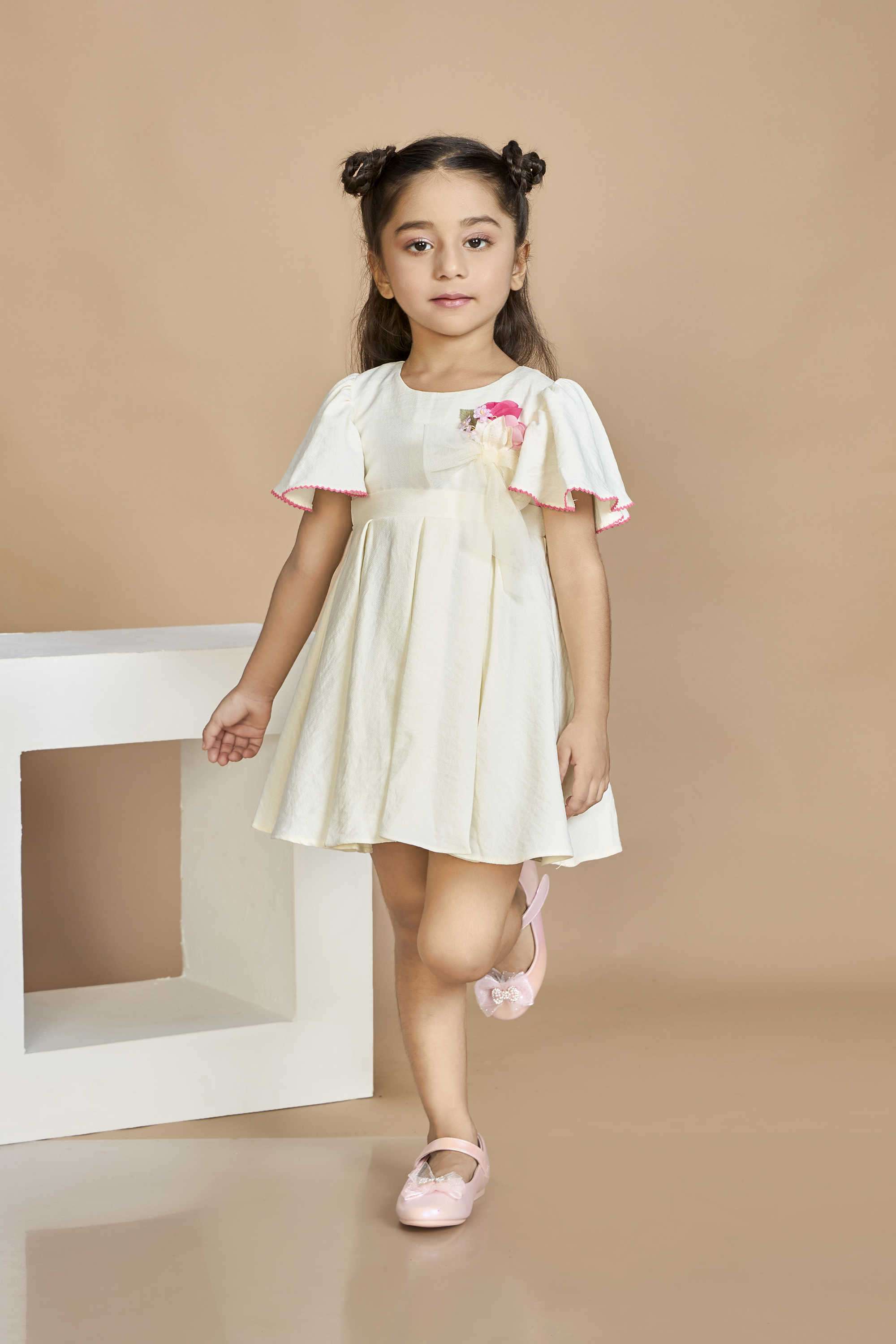 Solid-Polyester-Round-Neck-Girl-s-Casual-Wear-Dress