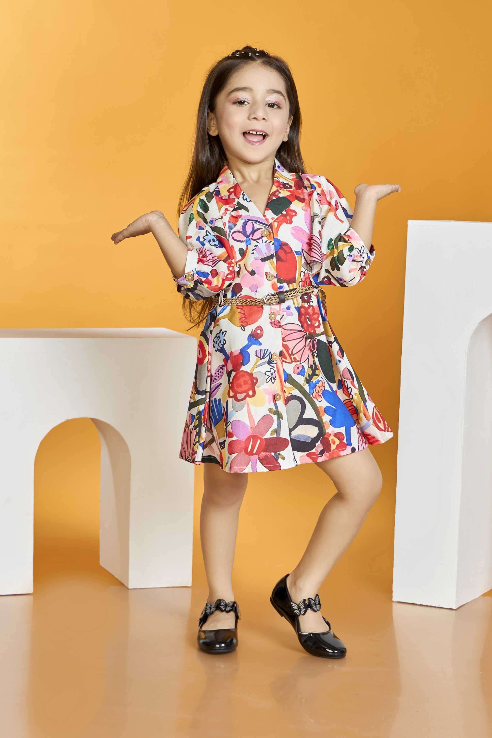 Printed-Blended-Fabric-Collared-Girl-s-Casual-Wear-Dress