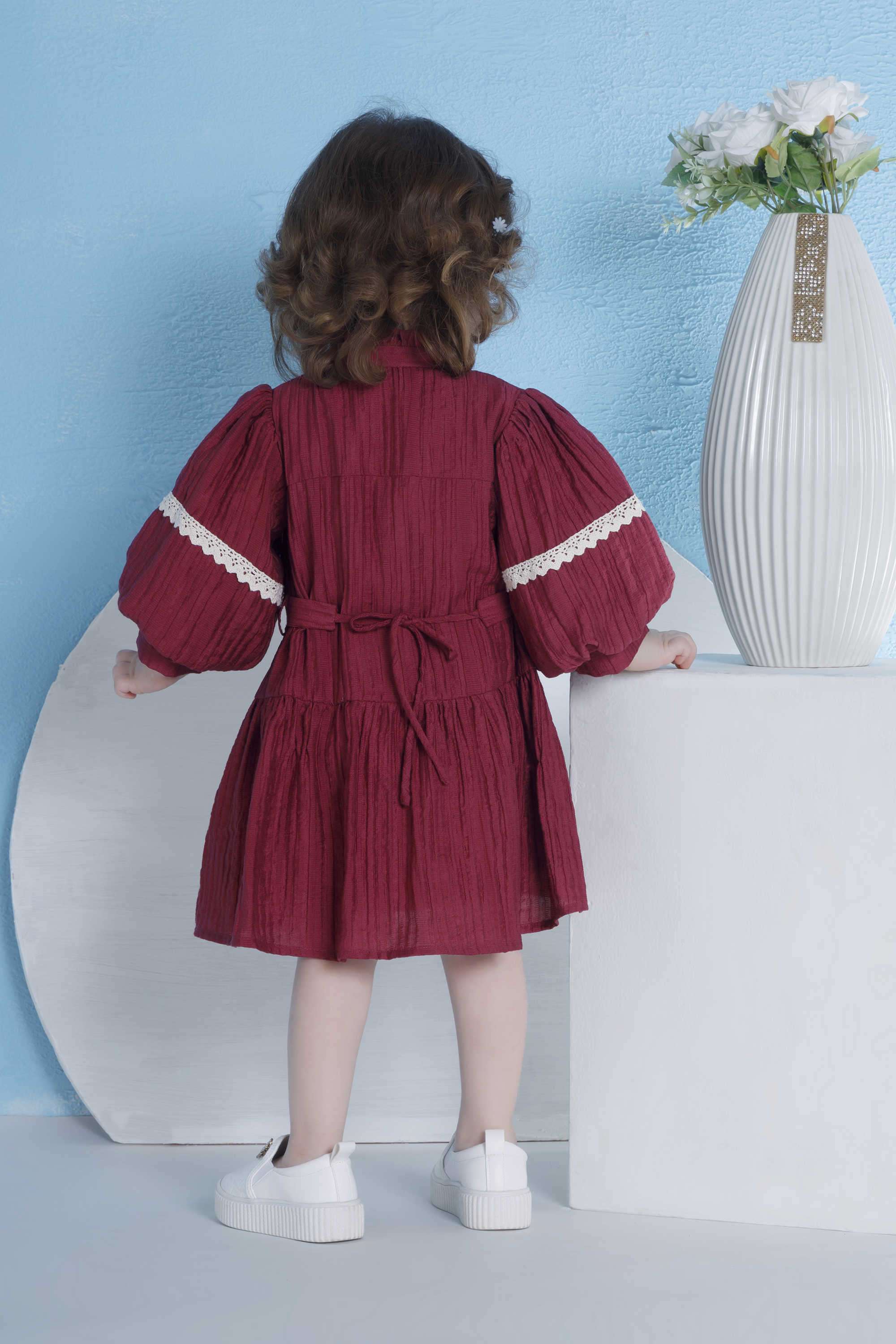 Solid-Polyester-Round-Neck-Girl-s-Casual-Wear-Dress