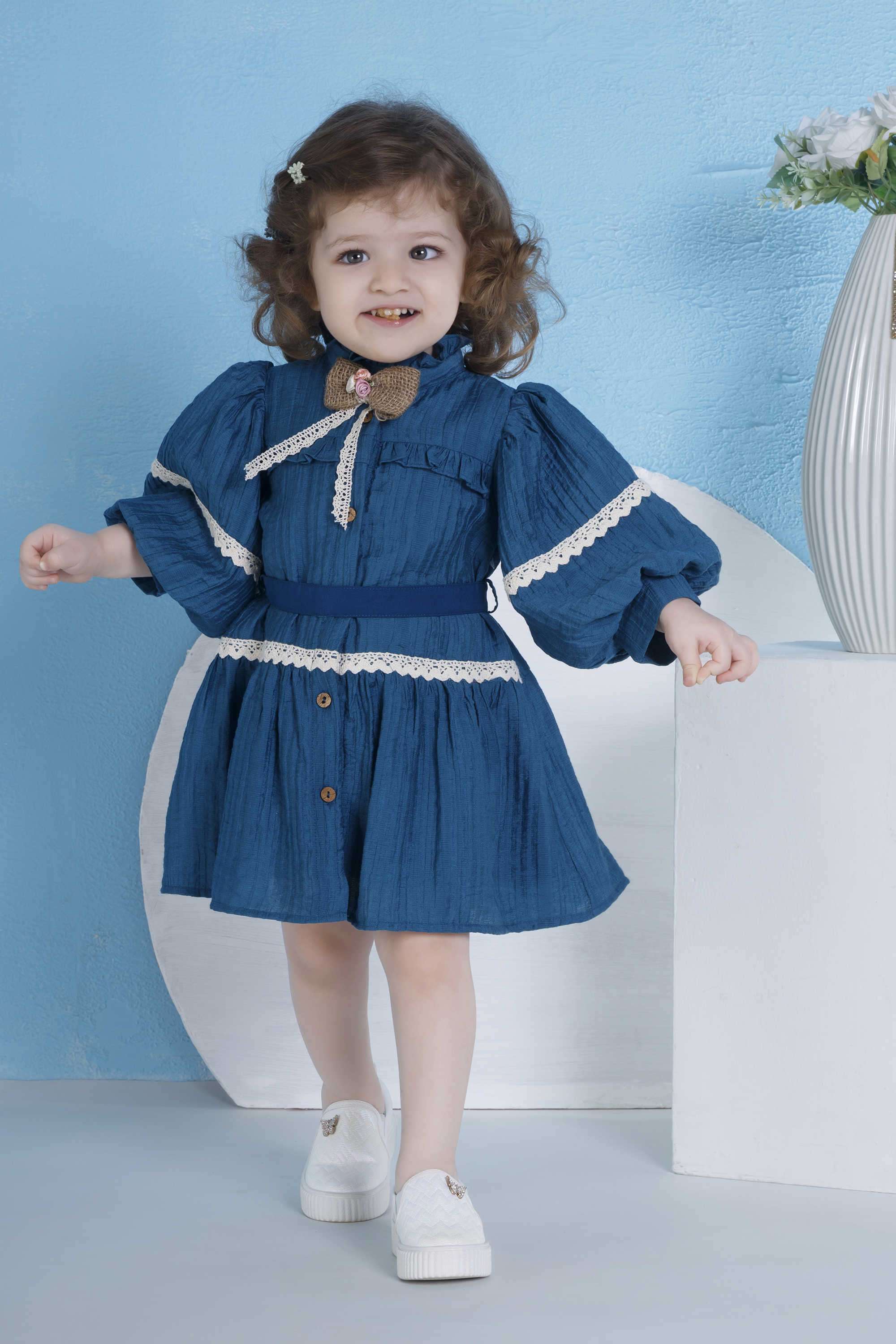 Solid-Polyester-Round-Neck-Girl-s-Casual-Wear-Dress