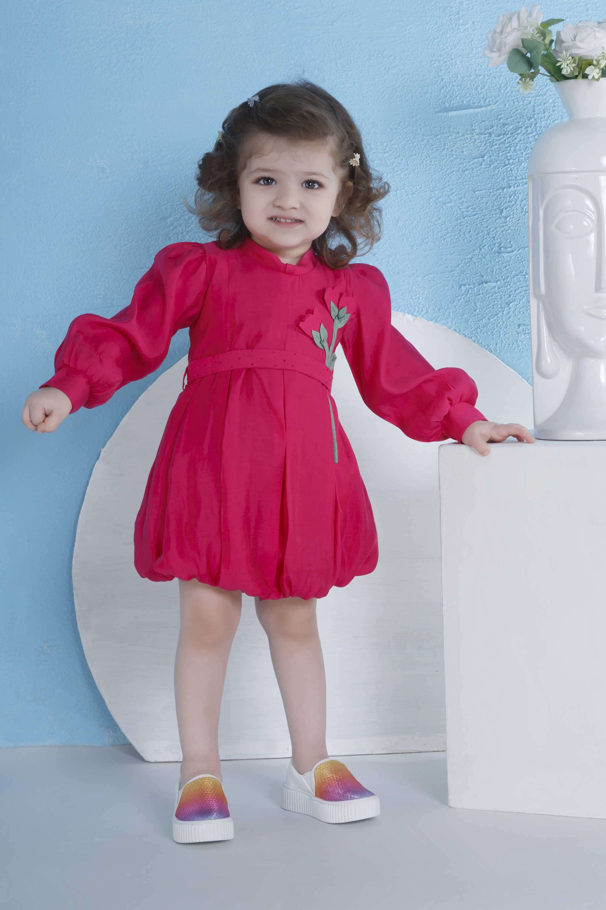 Solid-Polyester-Round-Neck-Girl-s-Party-Wear-Dress