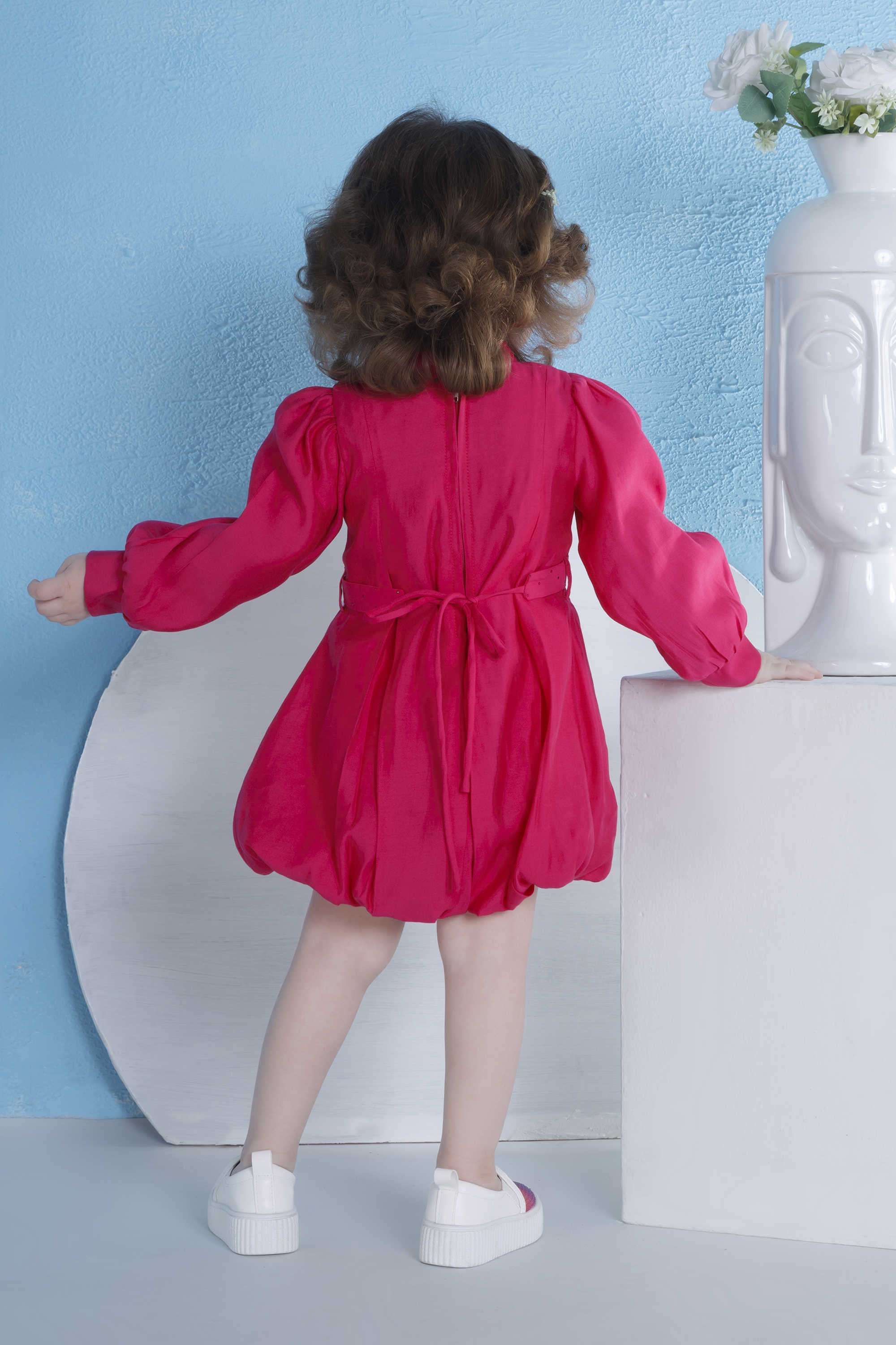 Solid-Polyester-Round-Neck-Girl-s-Party-Wear-Dress