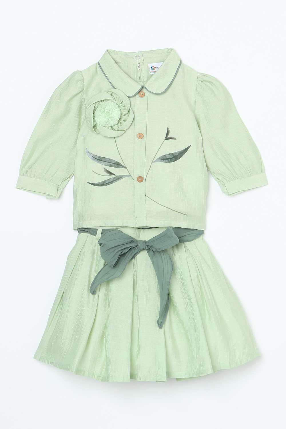 Floral-Blended-Fabric-Collared-Girl-s-Party-Wear-Skirt-&-Top-with-Belt-Clothing-Set